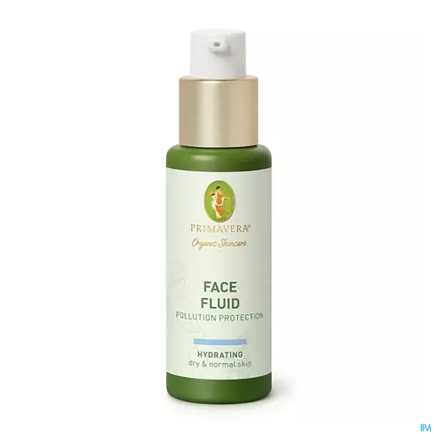 Flasche mit Gesichtspflegefluid in grüner Verpackung, Aufschrift: "PRIMAVERA Organic Skincare Face Fluid Pollution Protection Hydrating dry & normal skin".