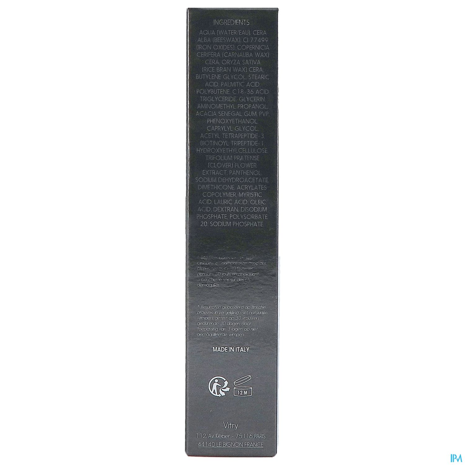 Rückseite einer Verpackung mit Zutatenliste in englischer Sprache.