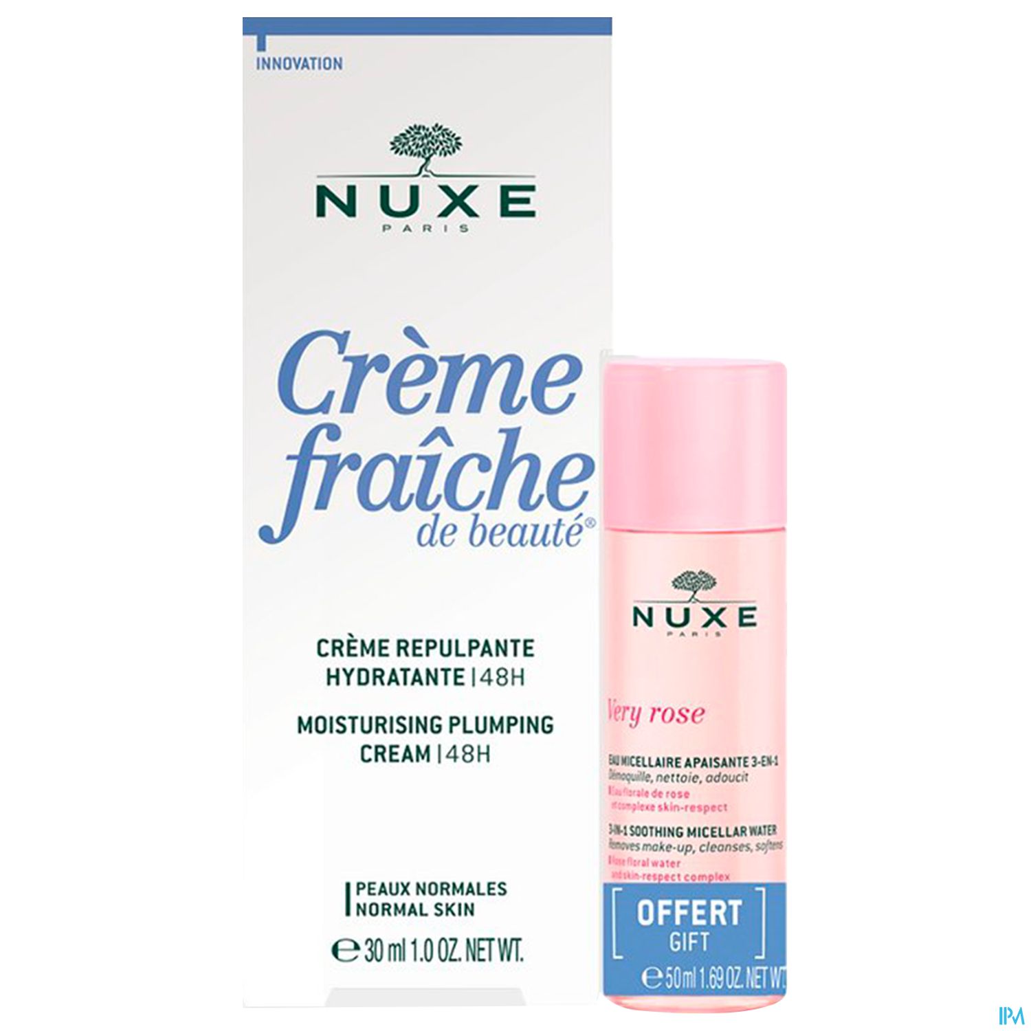 Produktbild von NUXE Crème fraîche de beauté mit einer Tube der feuchtigkeitsspendenden Creme und einem flüssigen Micellenwasser in einem rosa Behälter.
