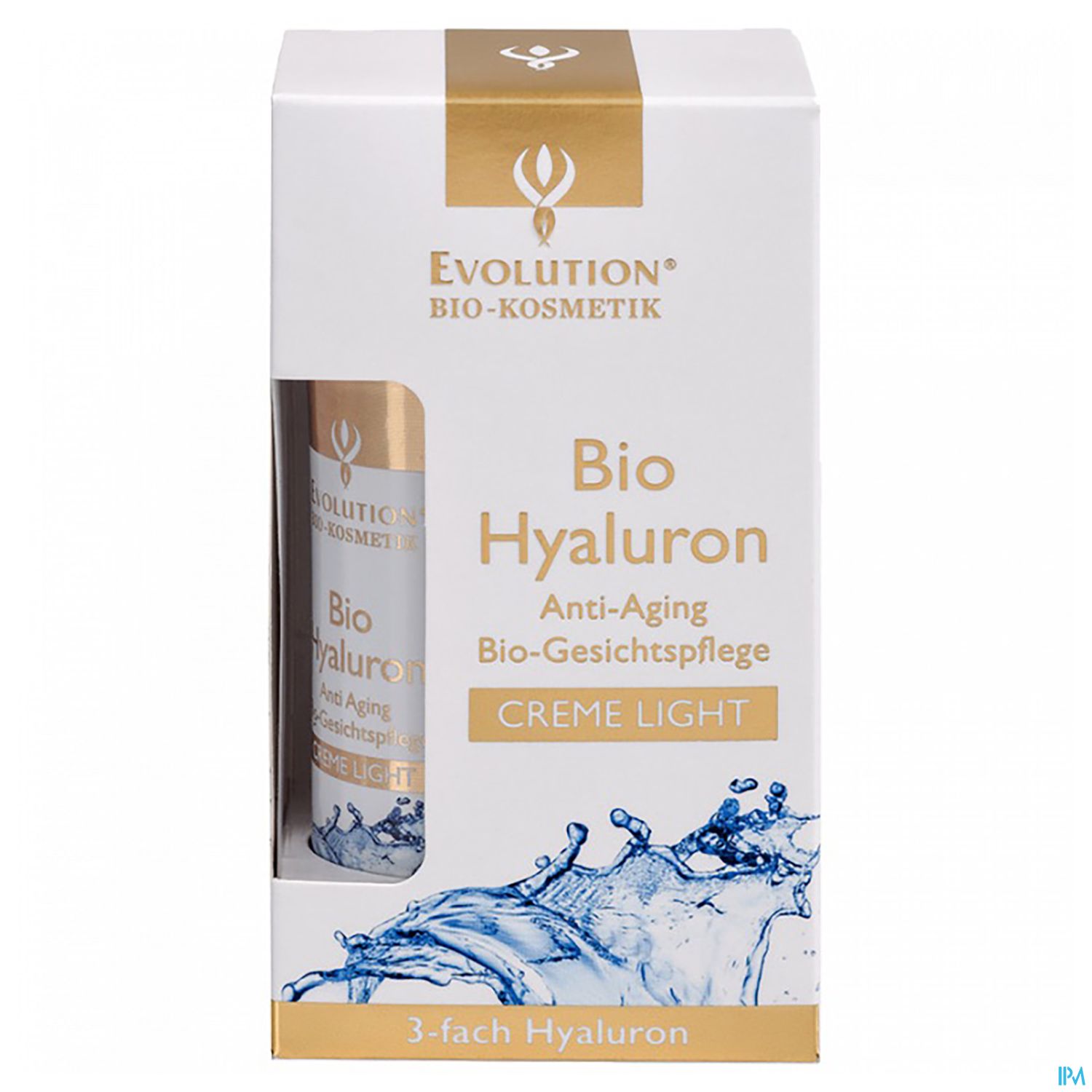 Verpackung einer Anti-Aging Bio-Gesichtspflege mit der Bezeichnung "Bio Hyaluron" von der Marke "Evolution Bio-Kosmetik".