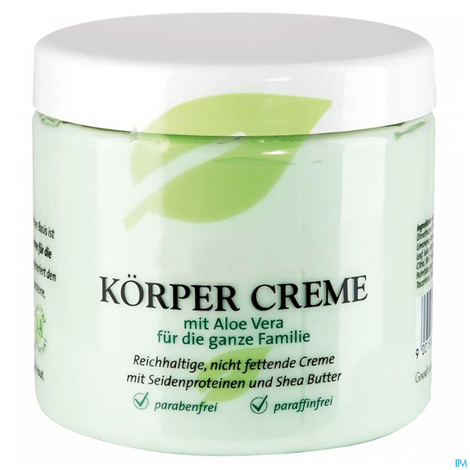 Glasbehälter mit Körpercreme, beschriftet mit „Körper Creme mit Aloe Vera für die ganze Familie“, enthält Informationen über die Inhaltsstoffe und Hinweise zur Anwendung.