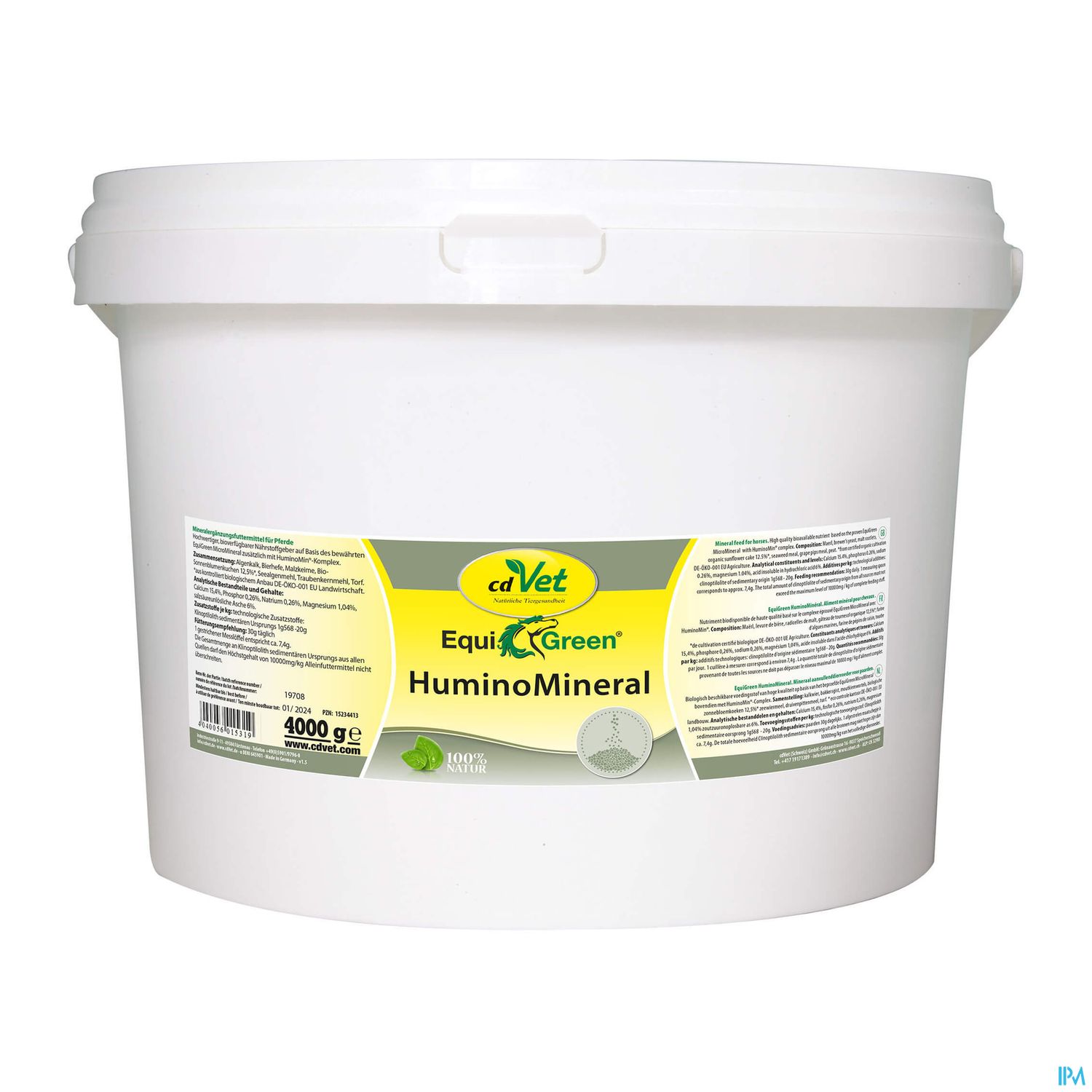Weißer Eimer mit grünem Etikett, beschriftet mit "cdVet EquiGreen HuminoMineral", 4000 g.