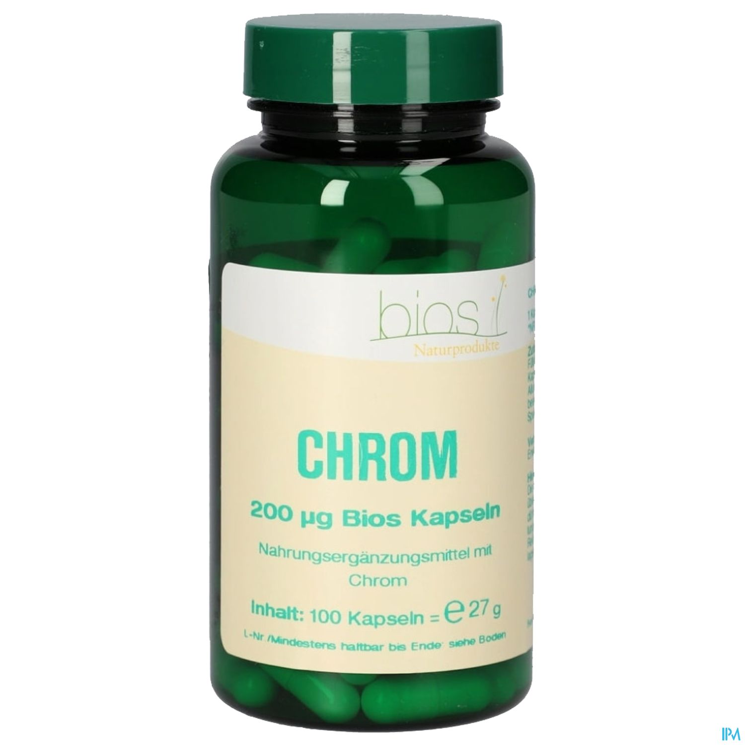 Grüne Kapsel-Flasche mit der Aufschrift "CHROM", 200 µg Bios Kapseln, Nahrungsergänzungsmittel mit Chrom, Inhalt: 100 Kapseln, 27 g.