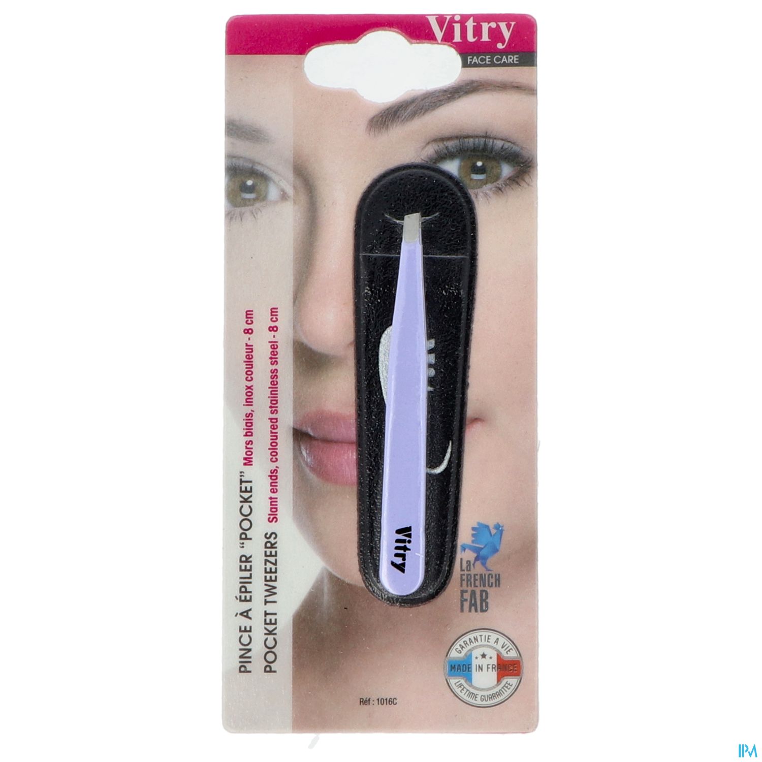 Verpackung von Vitry Pinzetten mit einem lila Pinzettenwerkzeug und Bild eines Gesichts im Hintergrund.