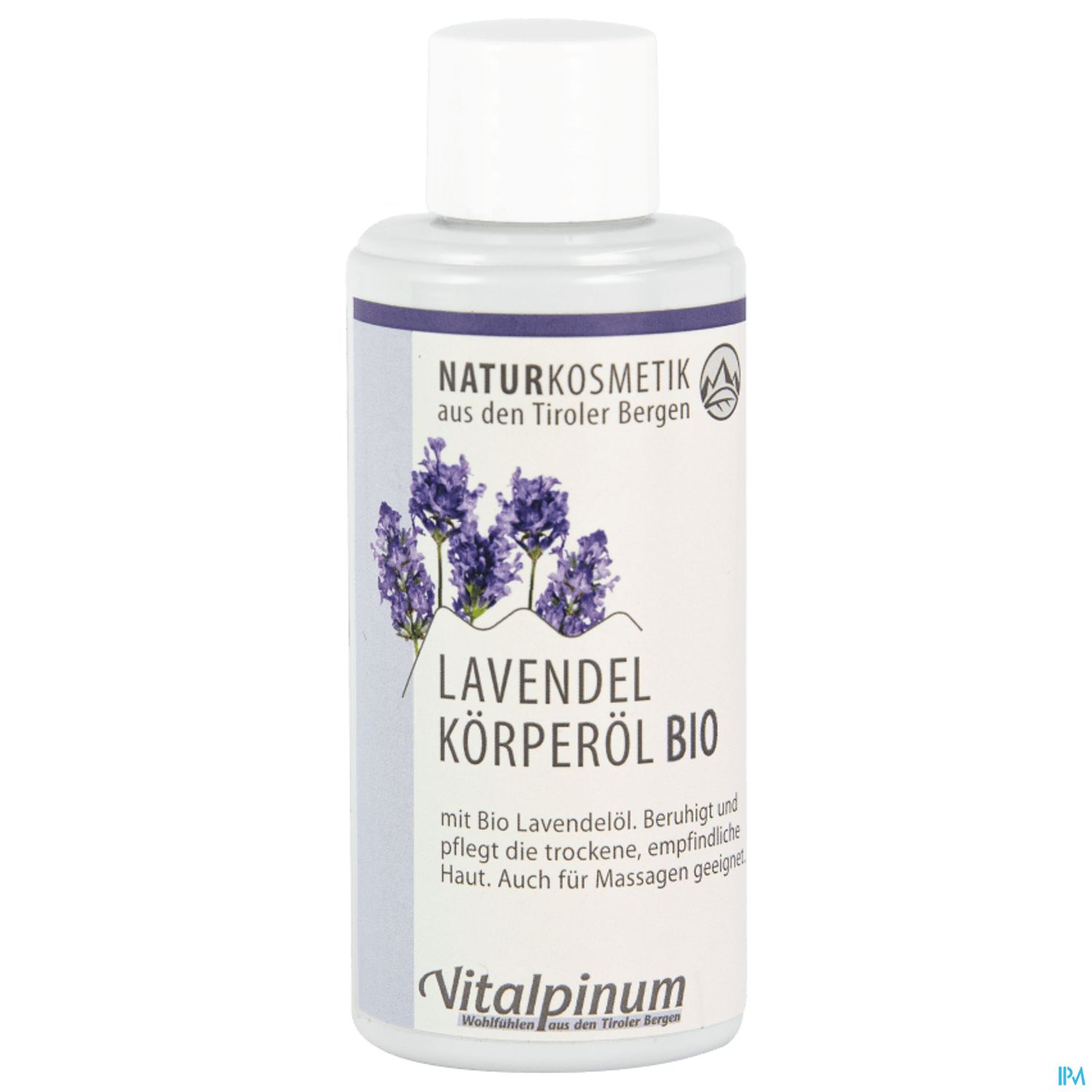 Flasche mit Lavendel Körperöl Bio, verziert mit Lavendelblüten und der Aufschrift „Vitalpinum Naturkosmetik aus den Tiroler Bergen“.