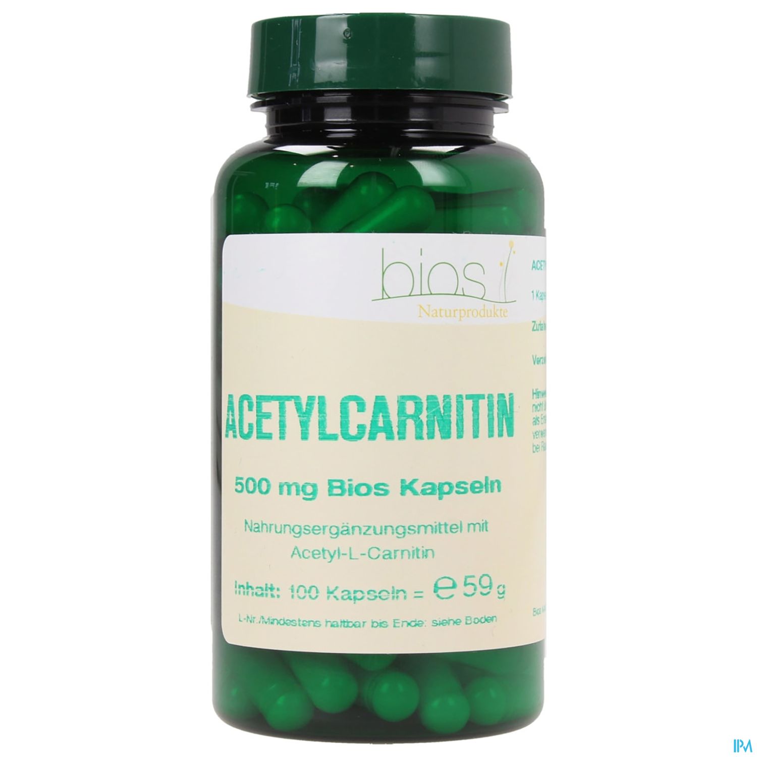 Grünes Fläschchen mit 100 Kapseln Acetyl-L-Carnitin, 500 mg, von bios Naturprodukte.