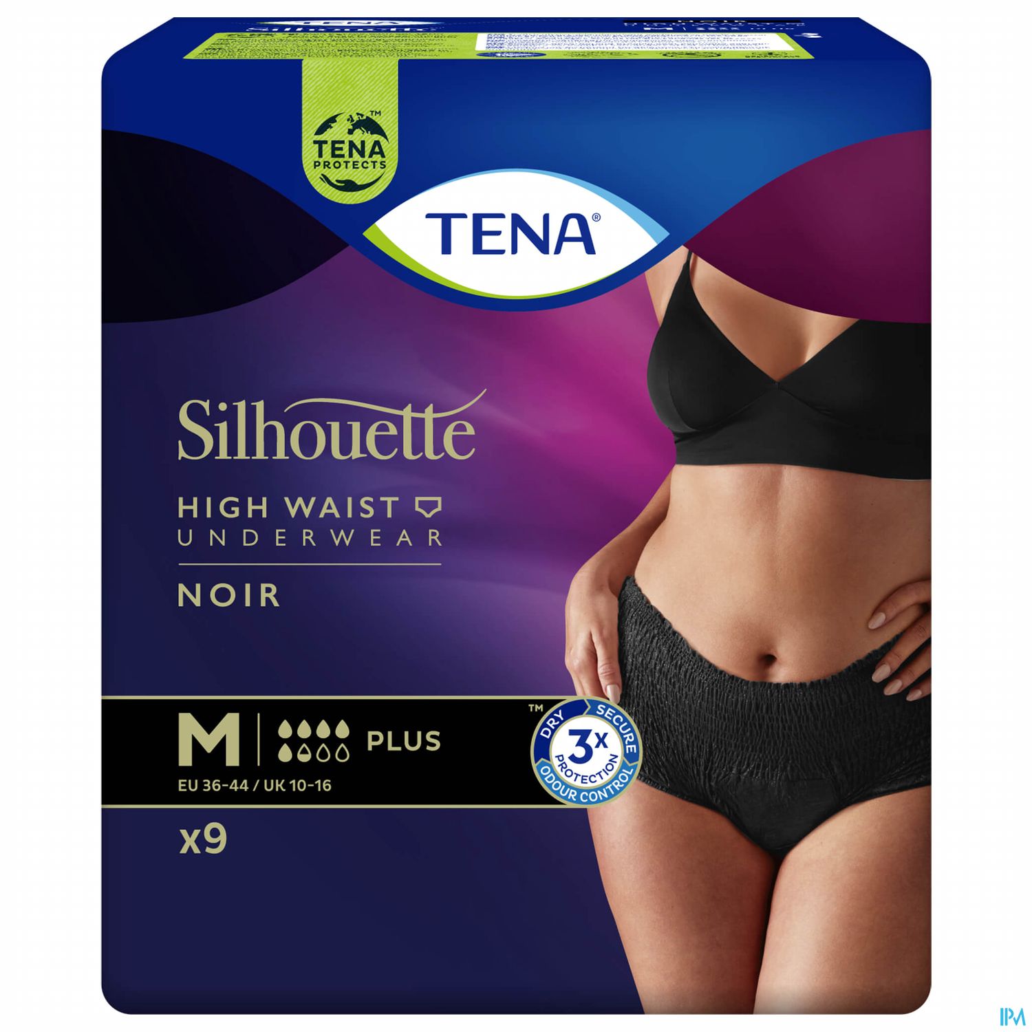 Packung mit hochtaillierter Unterwäsche von TENA in Schwarz, Größe M, 9 Stück.
