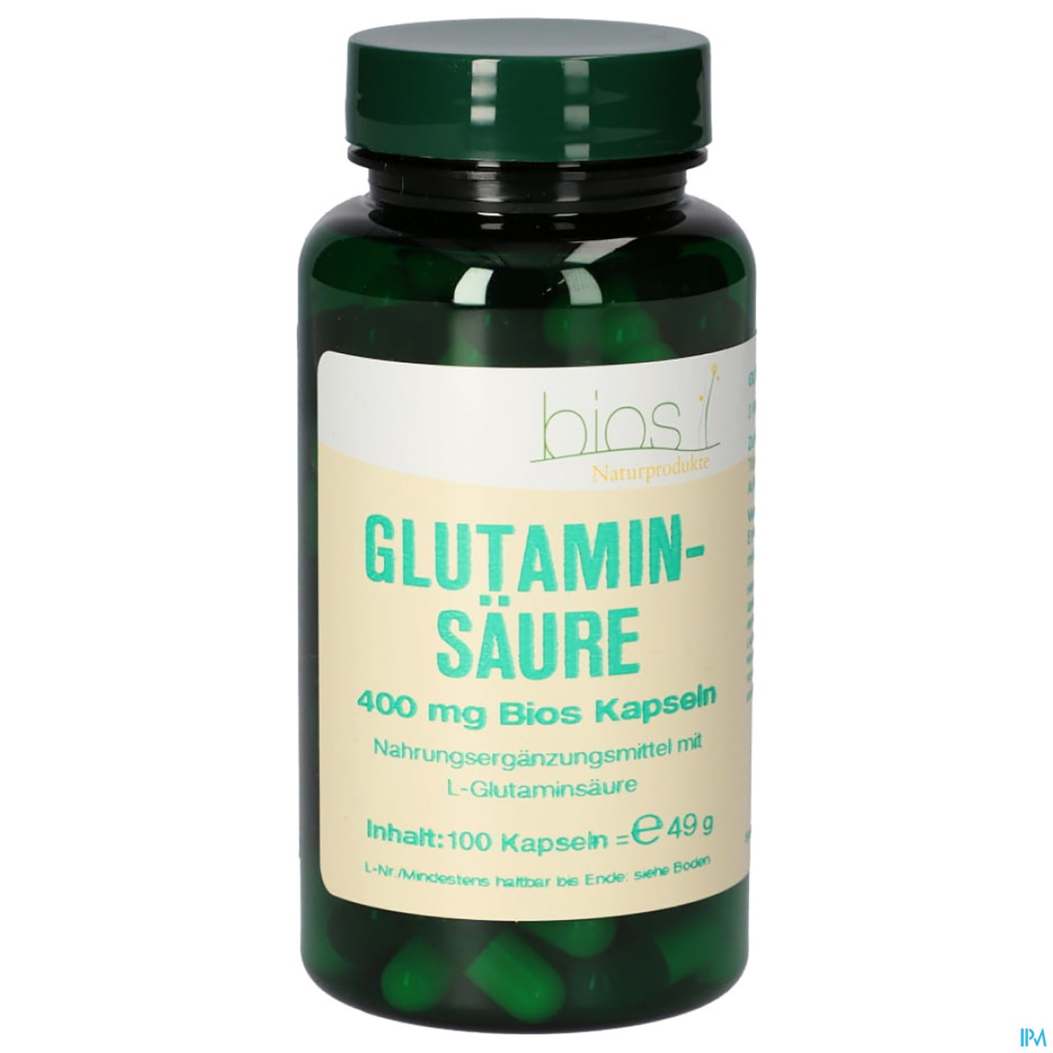 Grüne Flasche mit Kapseln, beschriftet mit "Glutaminsäure 400 mg Bios Kapseln", inkl. Inhaltsangabe und Preis.