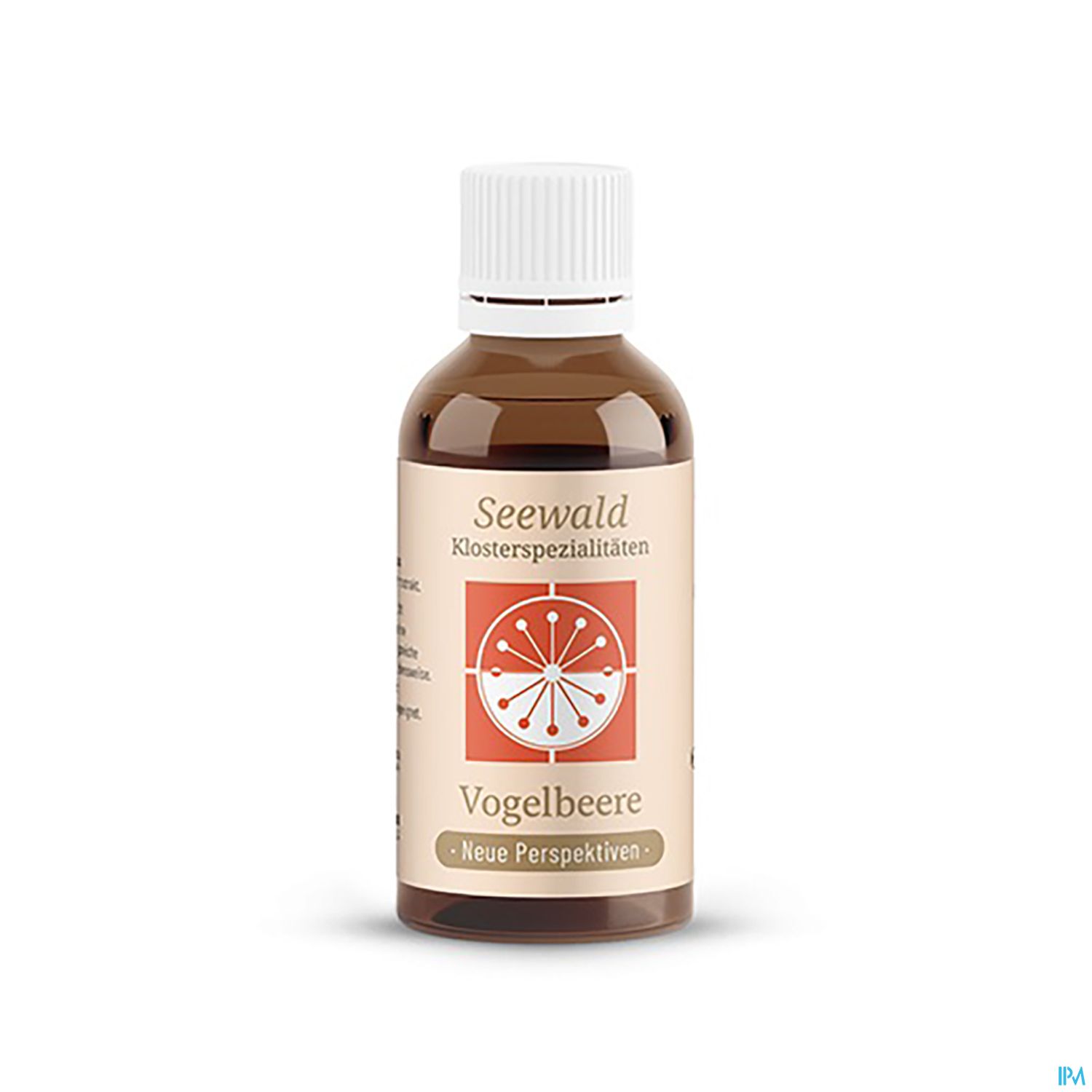 Braune Flasche mit weißem Deckel, Etikett mit der Aufschrift "Seewald Klosterspezialitäten Vogelbeere".
