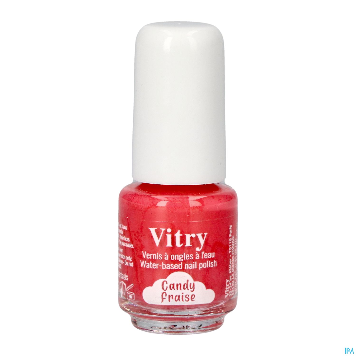 Rotes wasserbasiertes Nagellackfläschchen mit der Aufschrift "Vitry Candy Fraise".