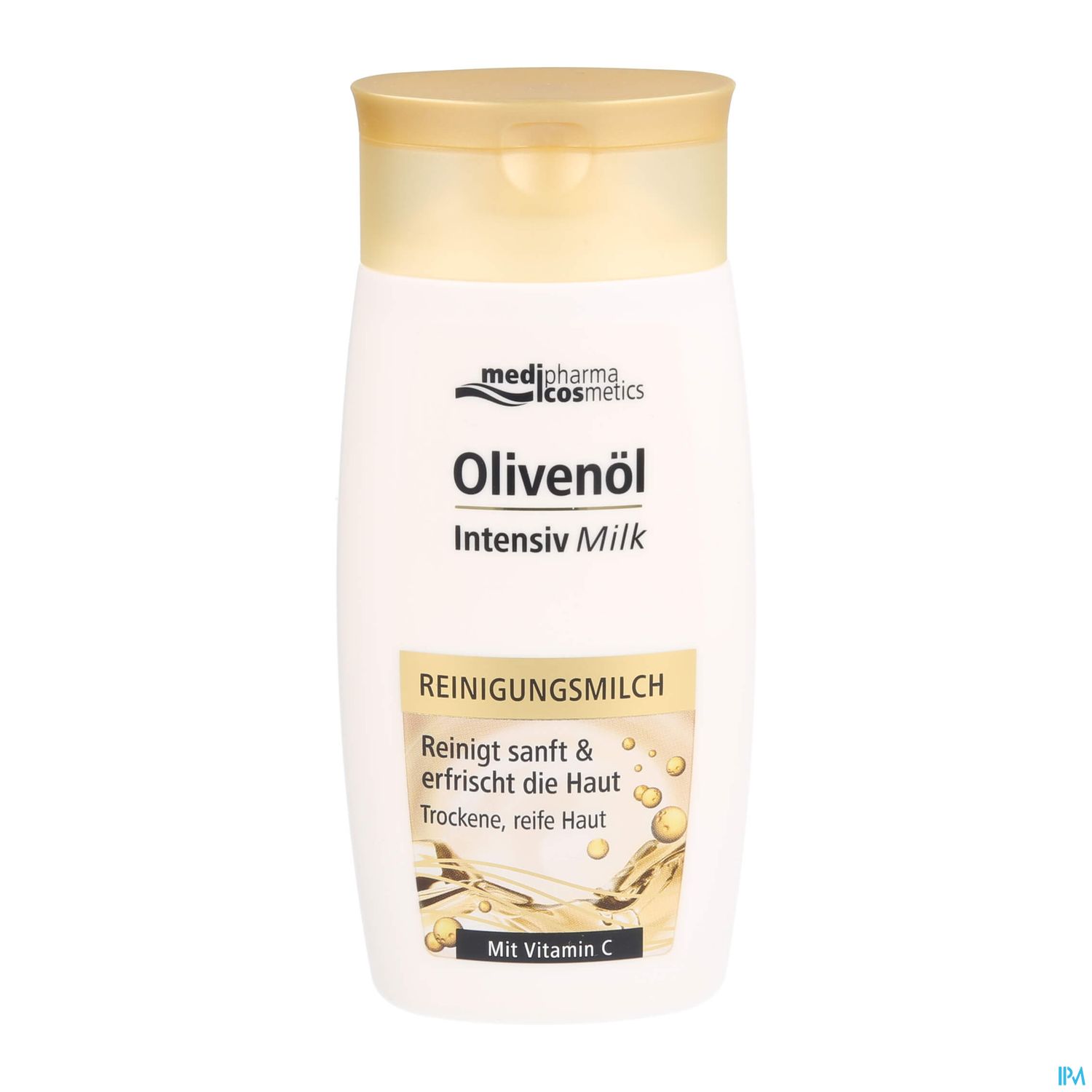 Flasche mit Olivenöl-Reinigungsmilch, weiß mit goldener Kappe, Schriftzug "Reinigungsmilch" und Hinweisen auf trockene, reife Haut sowie Vitamin C.