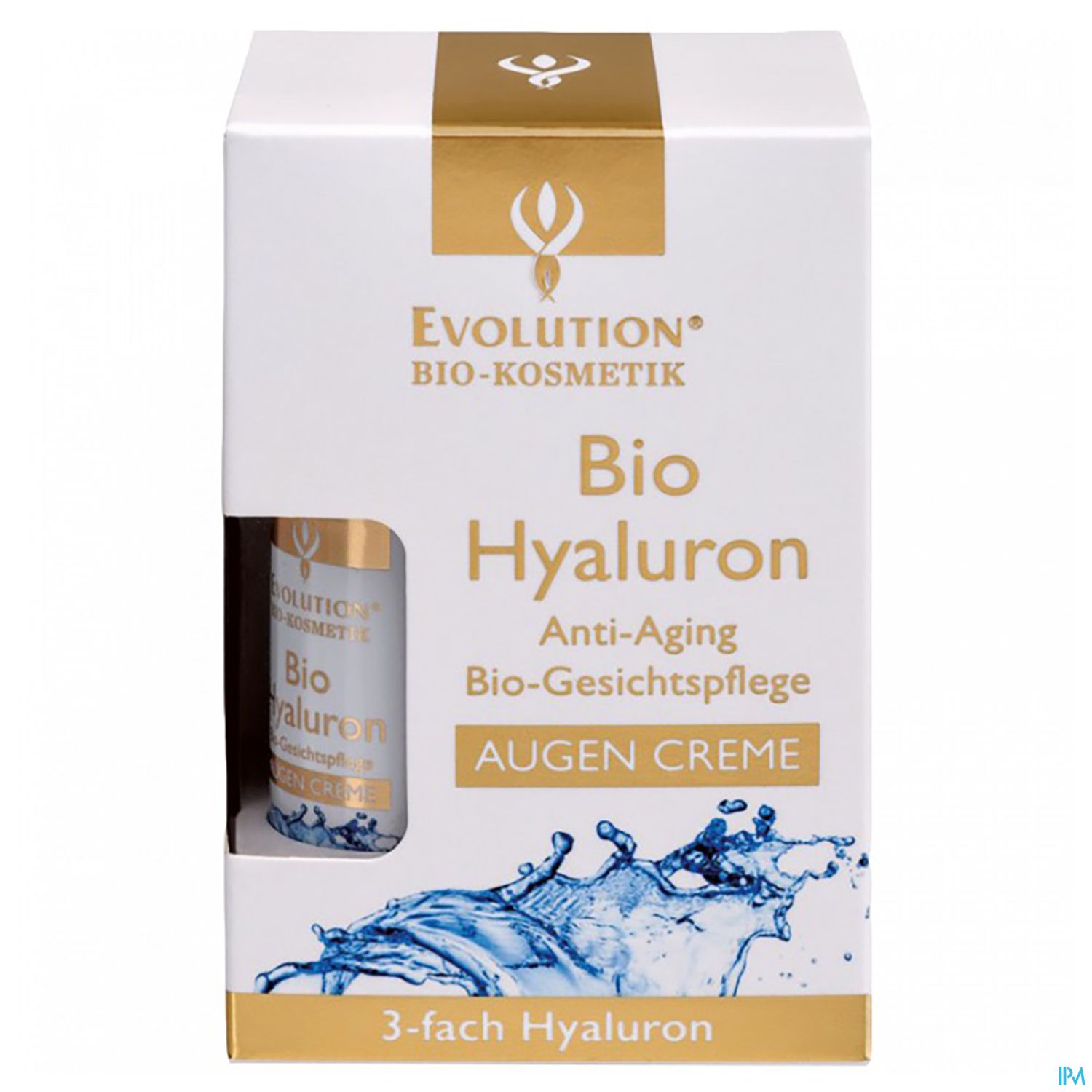 Verpackung einer Bio-Augencreme mit der Aufschrift "Bio Hyaluron" und Informationen zur Anwendung als Anti-Aging Gesichtspflege.
