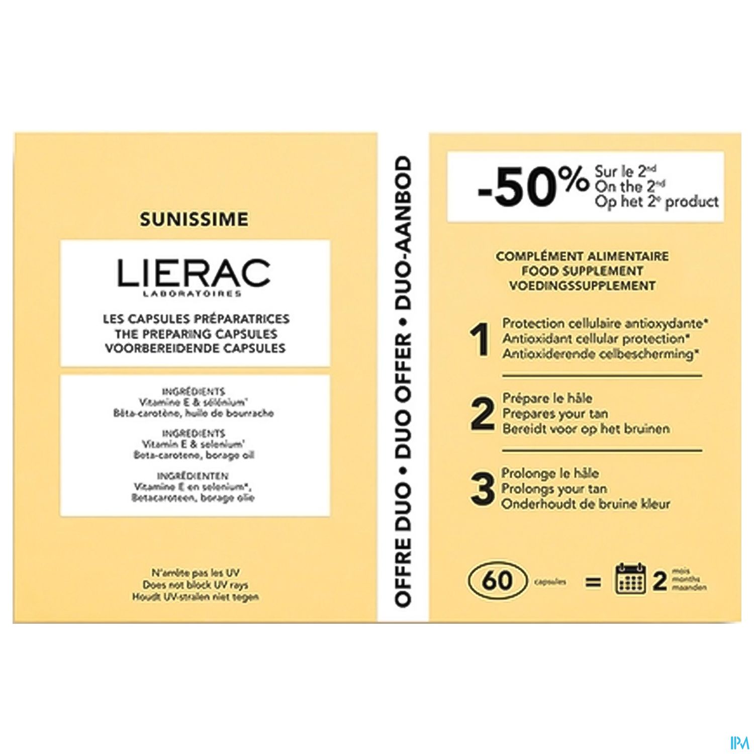Informationen zu Lierac Preparing Capsules: Gelbes Verpackungsdesign mit Inhaltsstoffen und Anwendungshinweisen auf Französisch und Englisch. 60 Kapseln; Sonderangebot -50% beim Kauf von zwei Produkten.