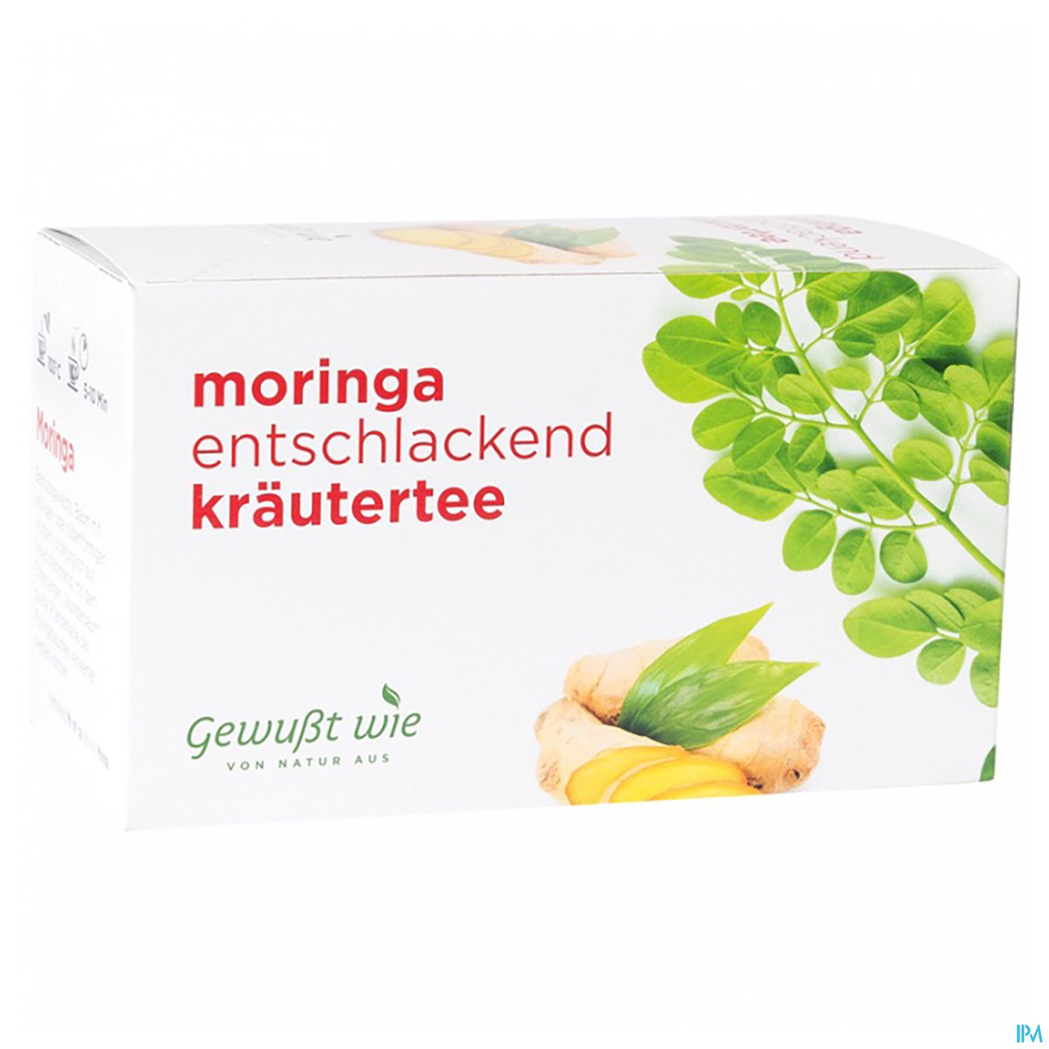Verpackung von Moringa Kräutertee mit der Aufschrift "moringa entschlackend", umgeben von Moringablättern und Ingwer.