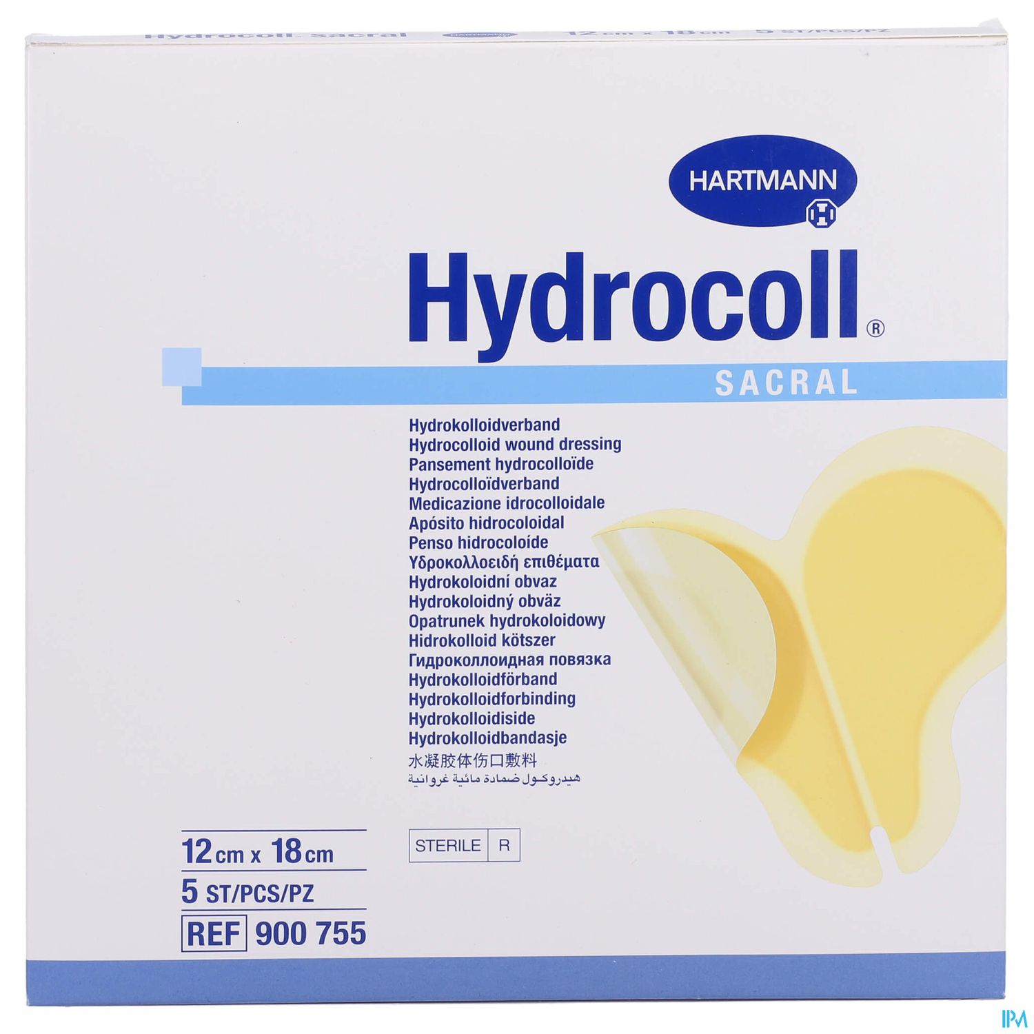 Packung mit Hydrocolloid-Wundverband "Hydrocoll Sacral" von Hartmann, enthält 5 sterilisierte Verbände, Maße 12 cm x 18 cm.