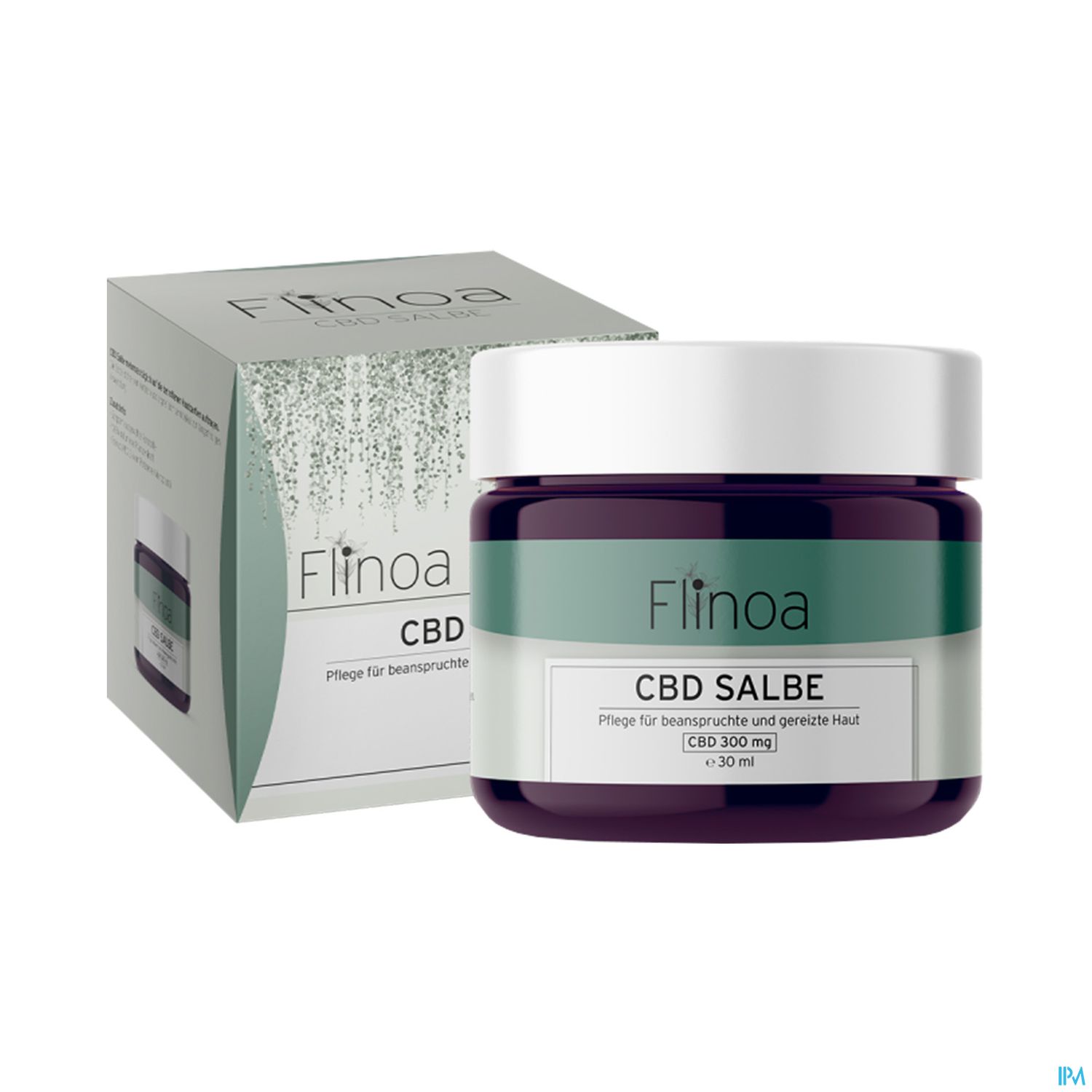 Ein Glas mit CBD-Salbe (300 mg, 30 ml) vor einer Verpackung mit der Aufschrift "Flinoa CBD Pflege für beanspruchte und gereizte Haut".