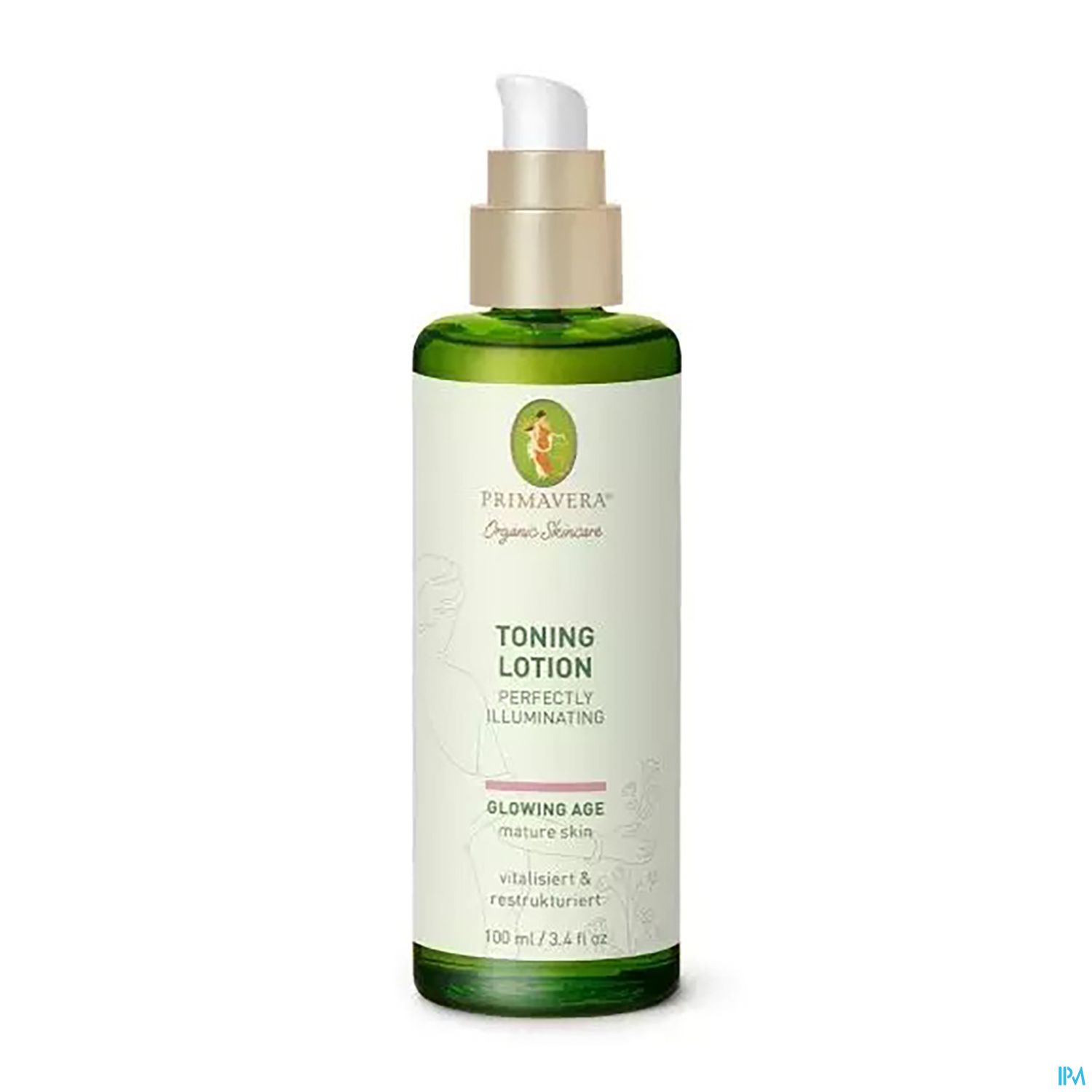 Grüne Flasche mit Tonic Lotion von Primavera, 100 ml, beschreibt die Anwendung auf reifer Haut.