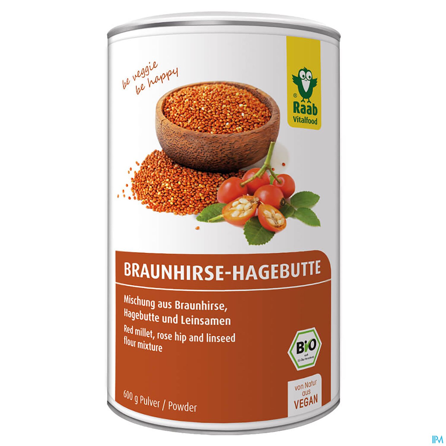 Dose mit BIO-Braunhirse-Hagebutte, 600 g Pulver, mit einer Schüssel und Hagebutten auf der Vorderseite.