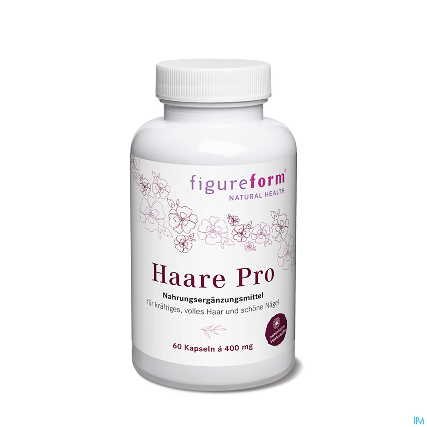 Produktbild eines Nahrungsergänzungsmittels namens "Haare Pro" in einer weißen Flasche mit 60 Kapseln à 400 mg.