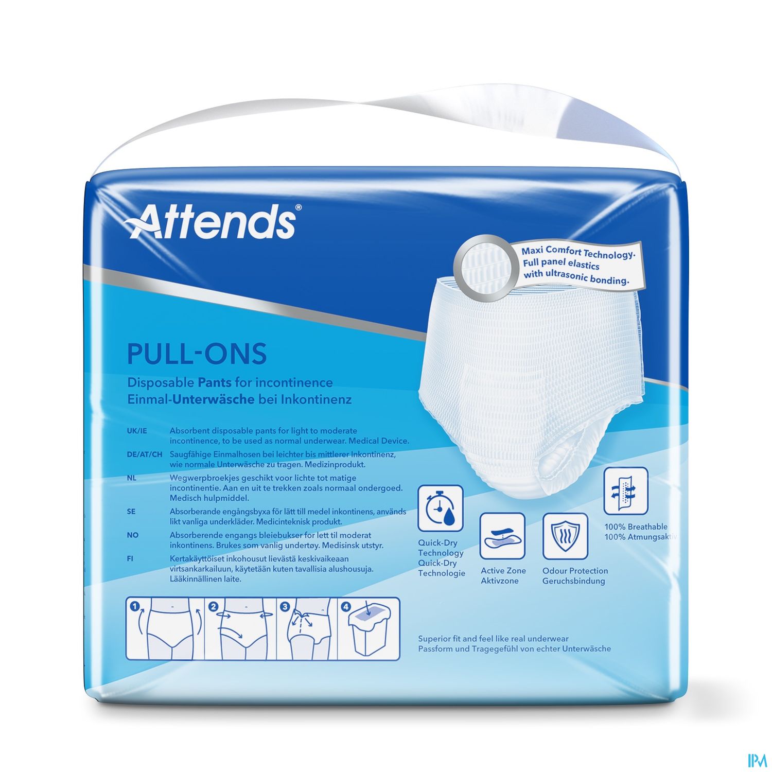 Verpackung von Attends Pull-Ons, einer Art von Einmalunterwäsche für Inkontinenz.