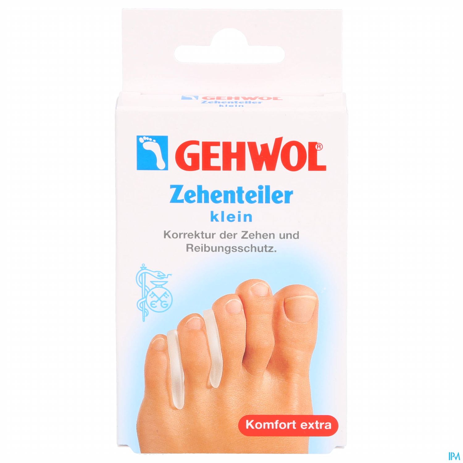 Verpackung des Gehwol Zehenteilers klein mit Abbildung eines Fußes und Produktbeschreibung zur Korrektur der Zehen und Reibungsschutz.