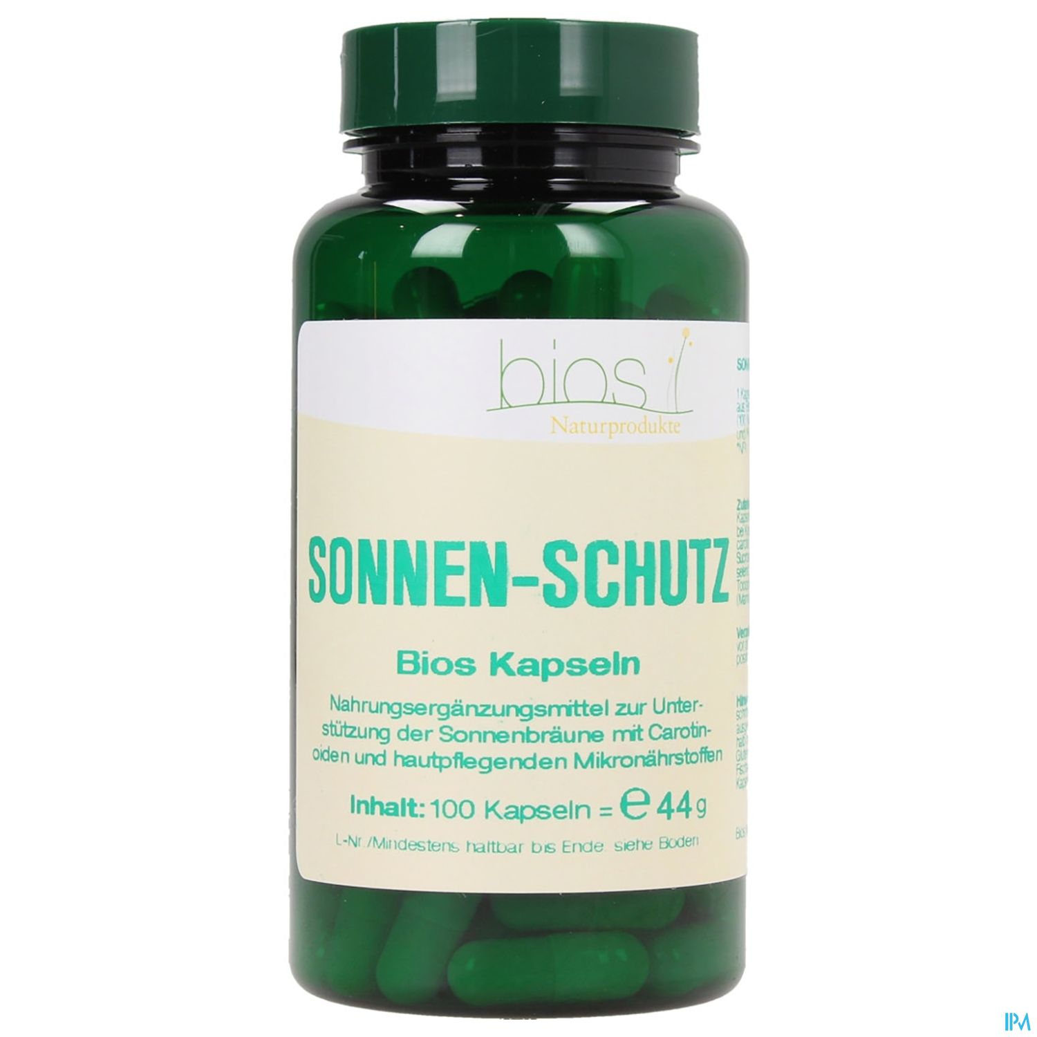 Weißes Glaspot mit grünen Kapseln, beschriftet mit "SONNEN-SCHUTZ", Hinweise zu Inhaltsstoffen und Anwendung.