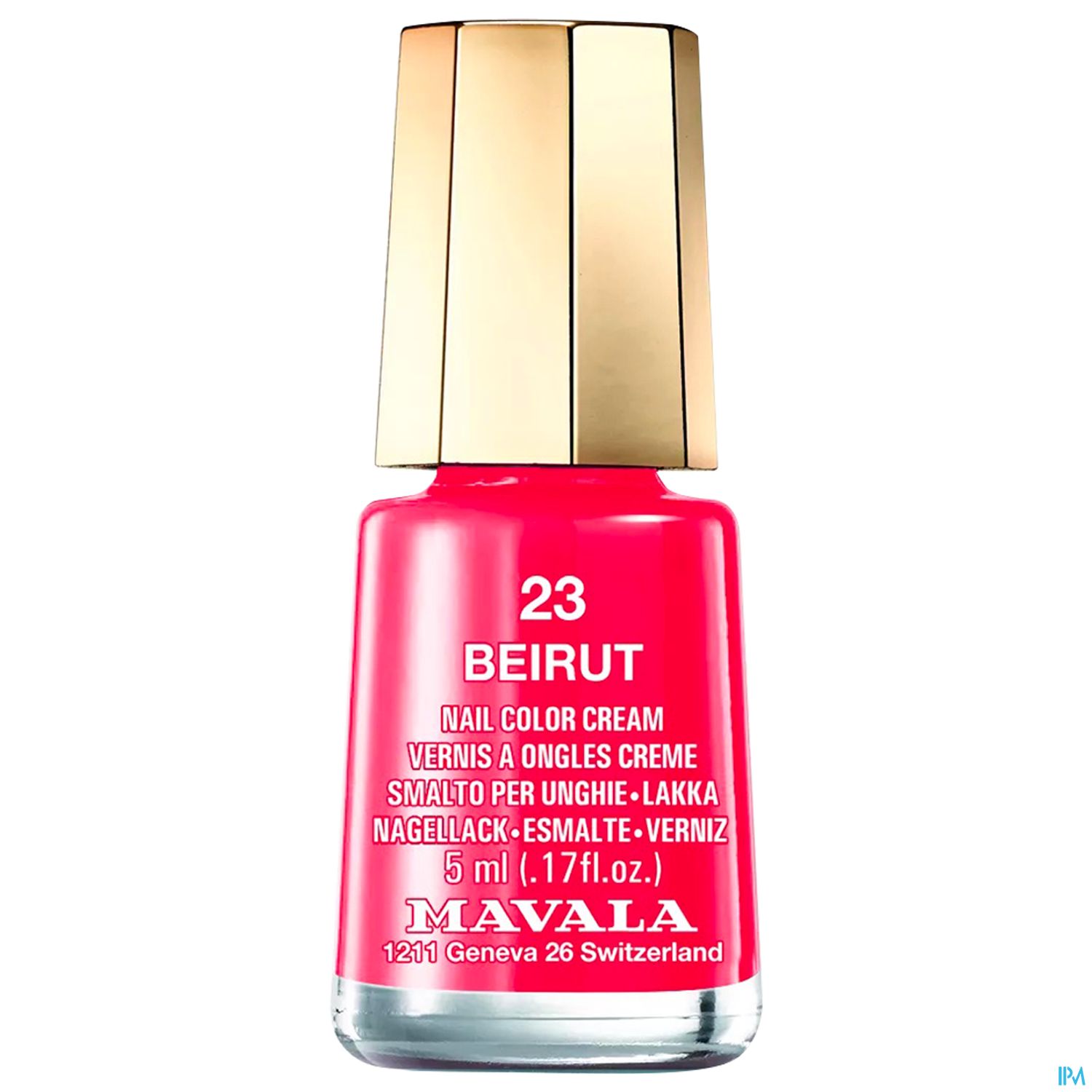 Nagellack-Flasche in Pink mit goldfarbenem Verschluss, beschriftet mit "23 BEIRUT" und "MAVALA".