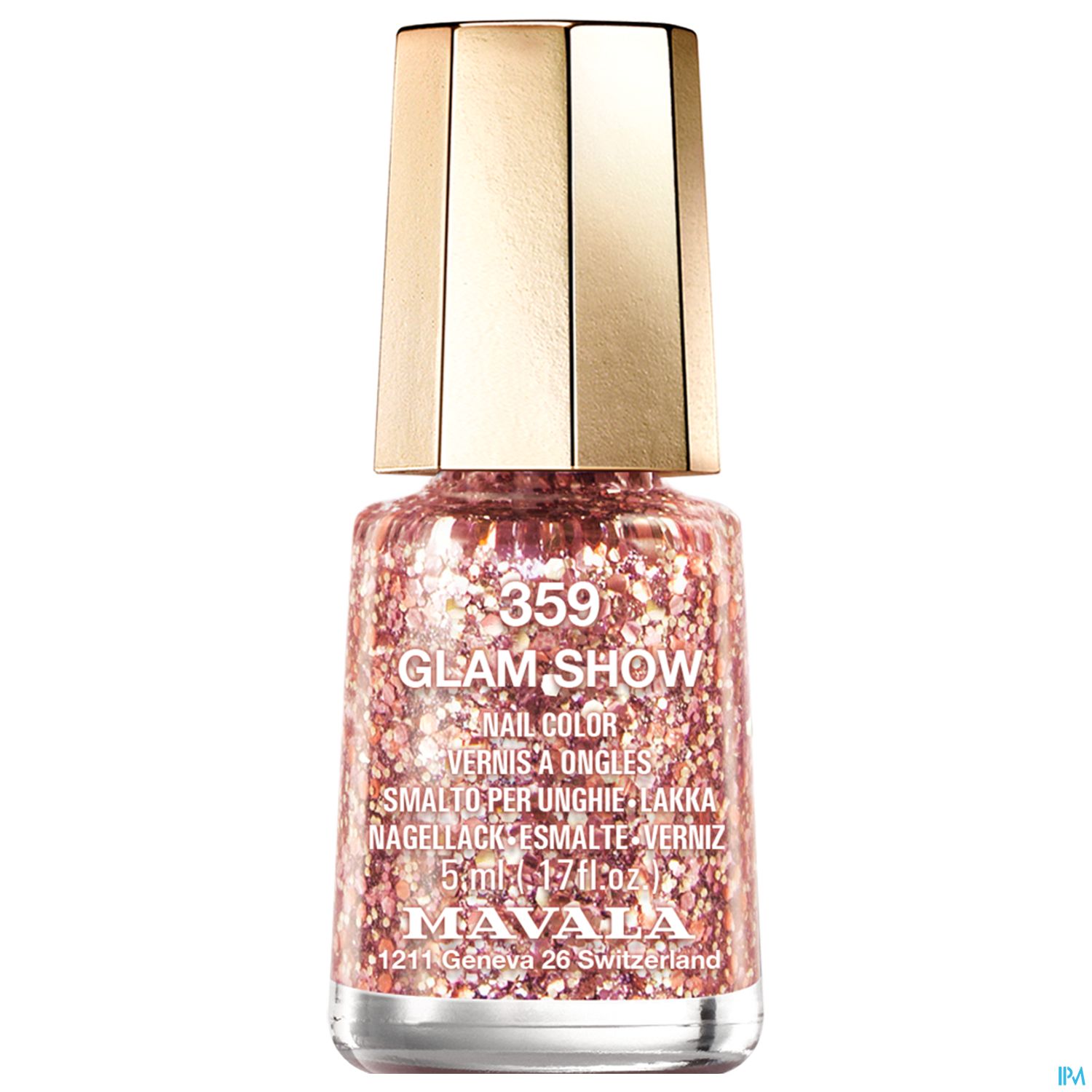 Flasche mit glitzerndem Nagellack in Rosa und goldenem Deckel, beschriftet mit "359 GLAM SHOW" von Mavala.