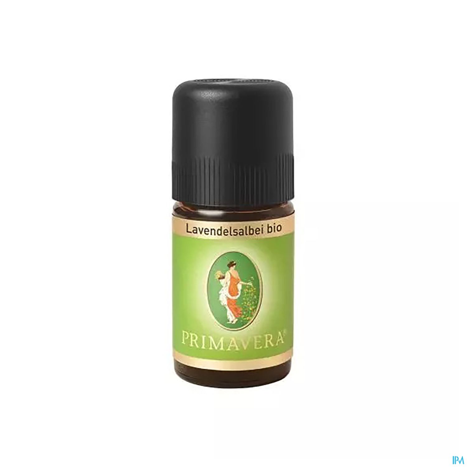 Flasche mit ätherischem Öl von Lavendel-Salbei, Marke Primavera, Bio-Produkt.