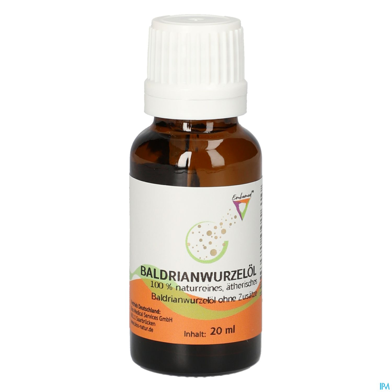 Flasche mit Baldrianwurzelöl, 20 ml, etikettiert mit "100 % naturreines, ätherisches Baldrianwurzelöl ohne Zusätze".