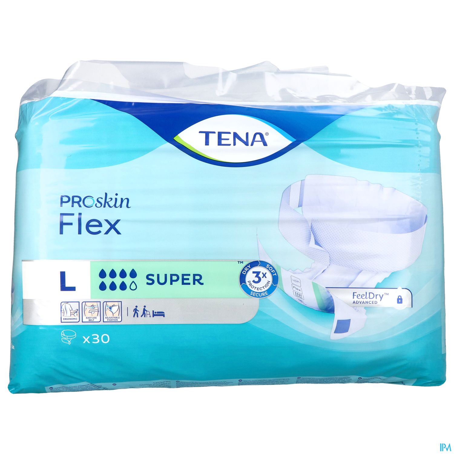 Verpackung von TENA ProSkin Flex Windeln, Größe L, 30 Stück, mit Symbolen für Verwendung und Eigenschaften.