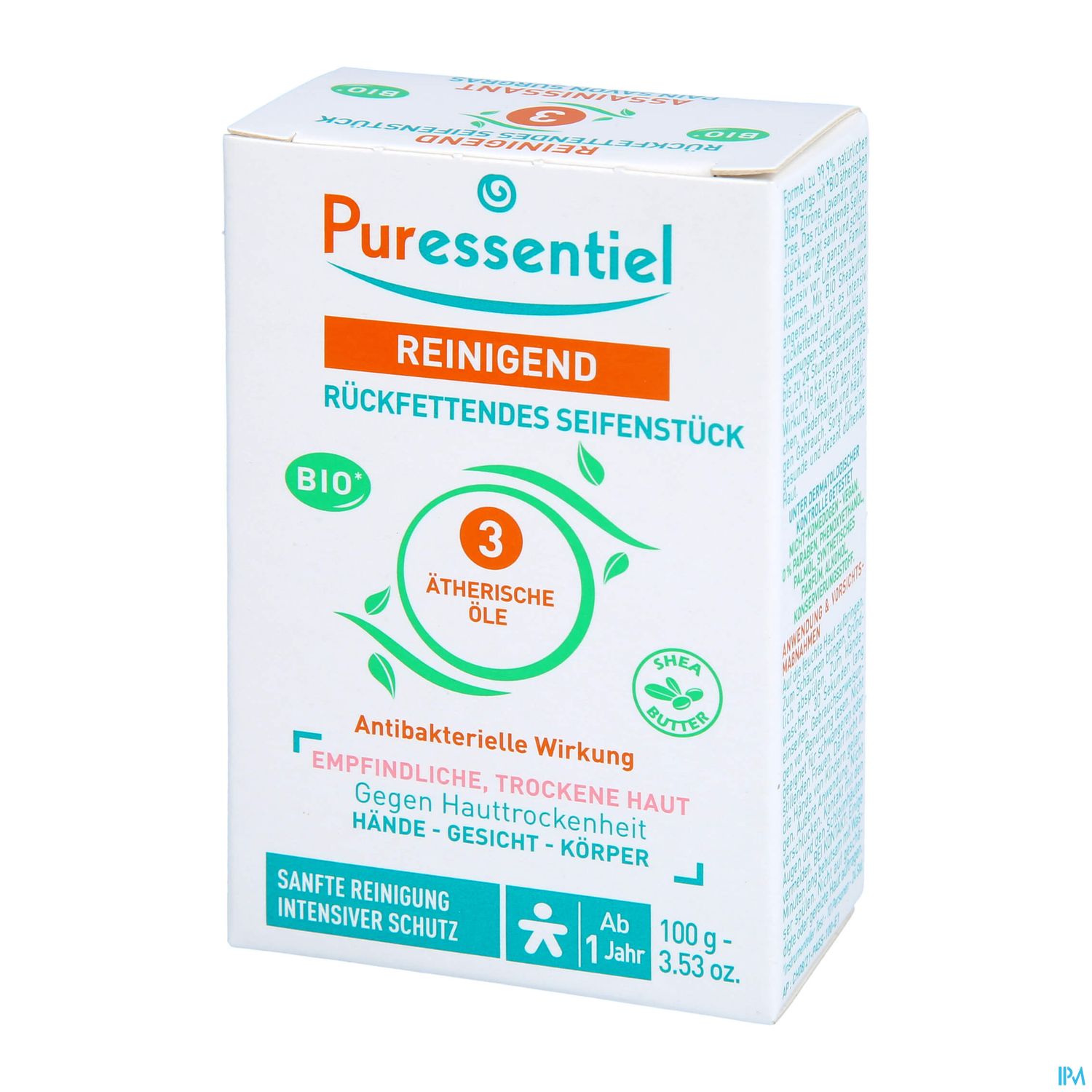 Verpackung eines rückfettenden Seifenstücks von Puressentiel, bio, mit Angaben zu Inhaltsstoffen und Anwendungsbereichen für Hände, Gesicht und Körper.