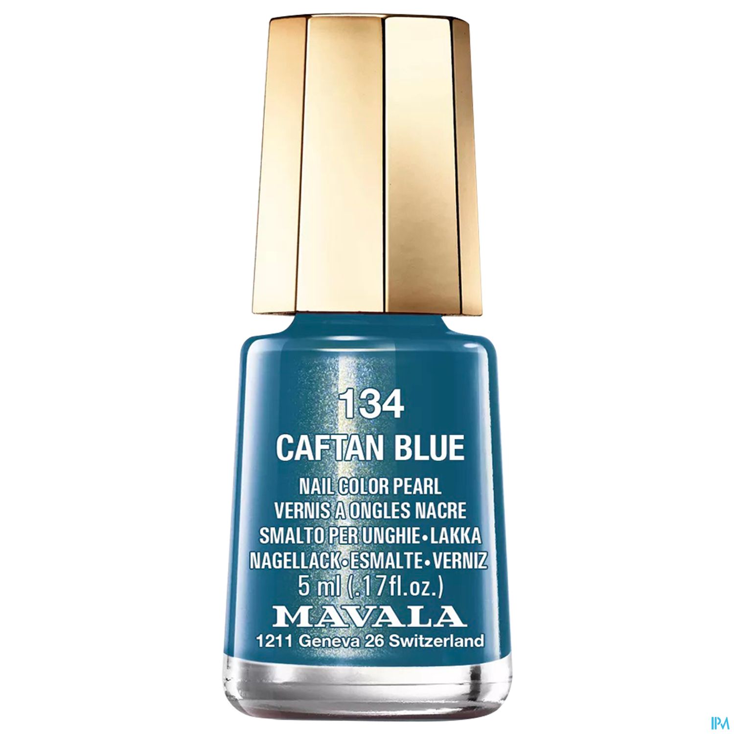 Flasche mit Nagellack in der Farbe "Caftan Blue" von Mavala, 5 ml, mit goldfarbenem Verschluss.