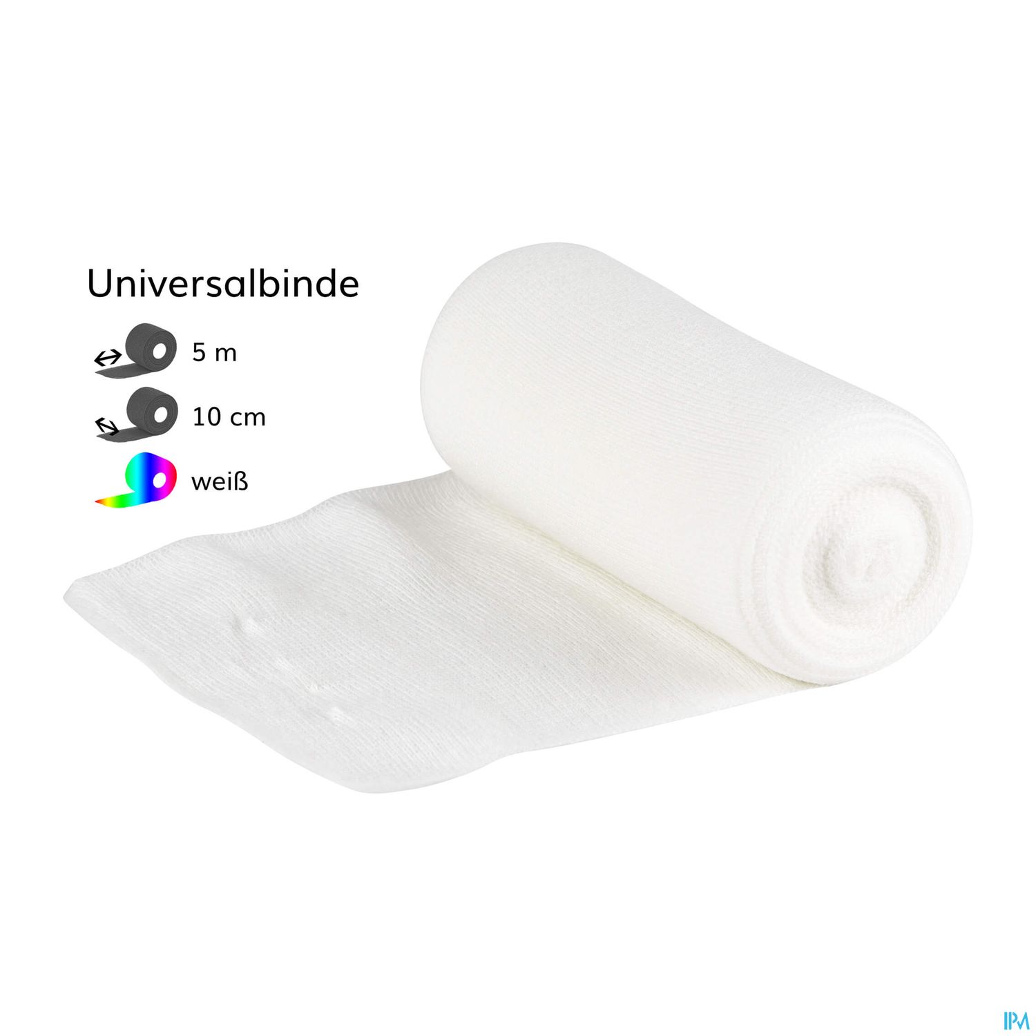 Eine weiße Universalbinde, 5 m lang und 10 cm breit, teilweise abgerollt.