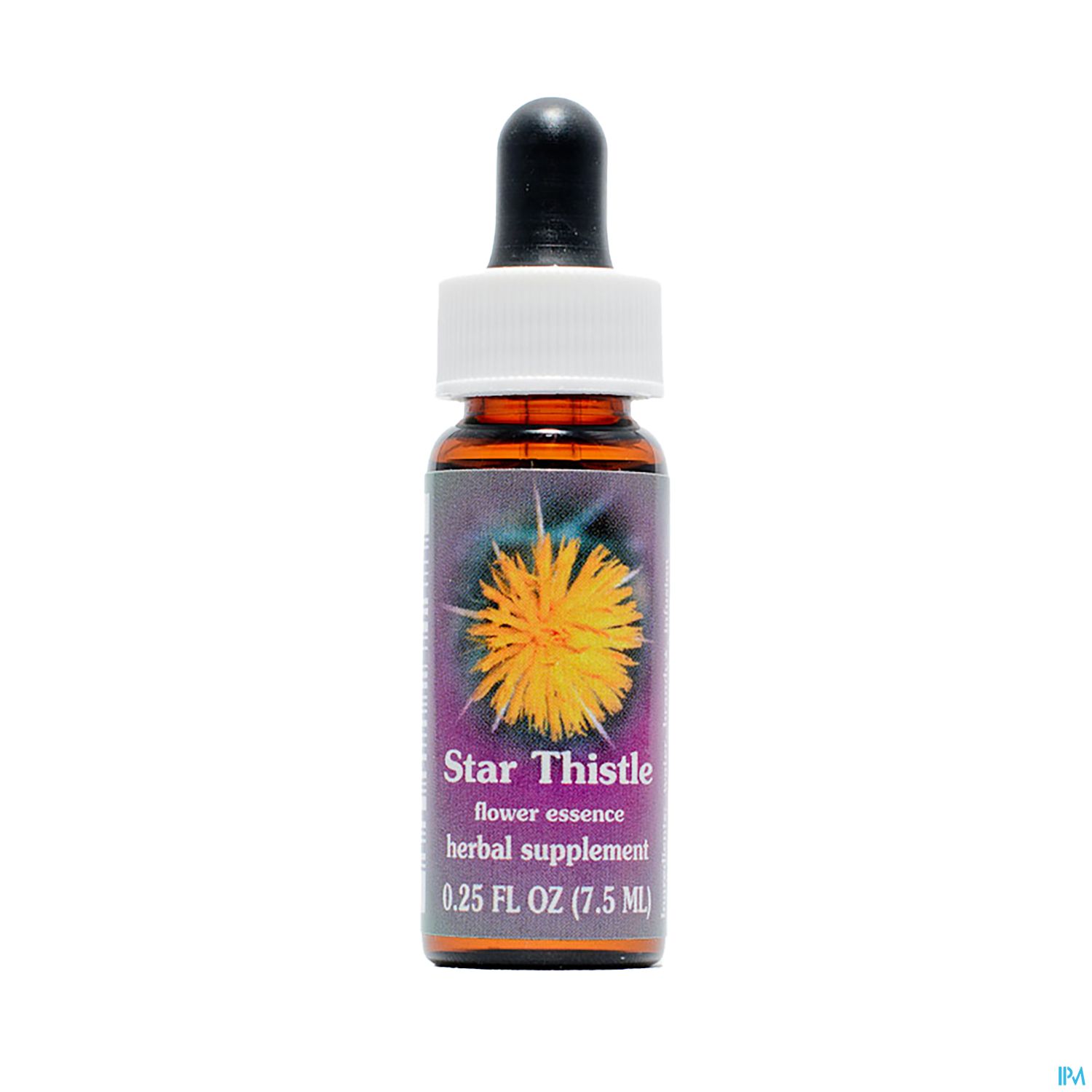 Runde Flasche mit Tropfer, etikettiert mit "Star Thistle" und Informationen zum pflanzlichen Extrakt.