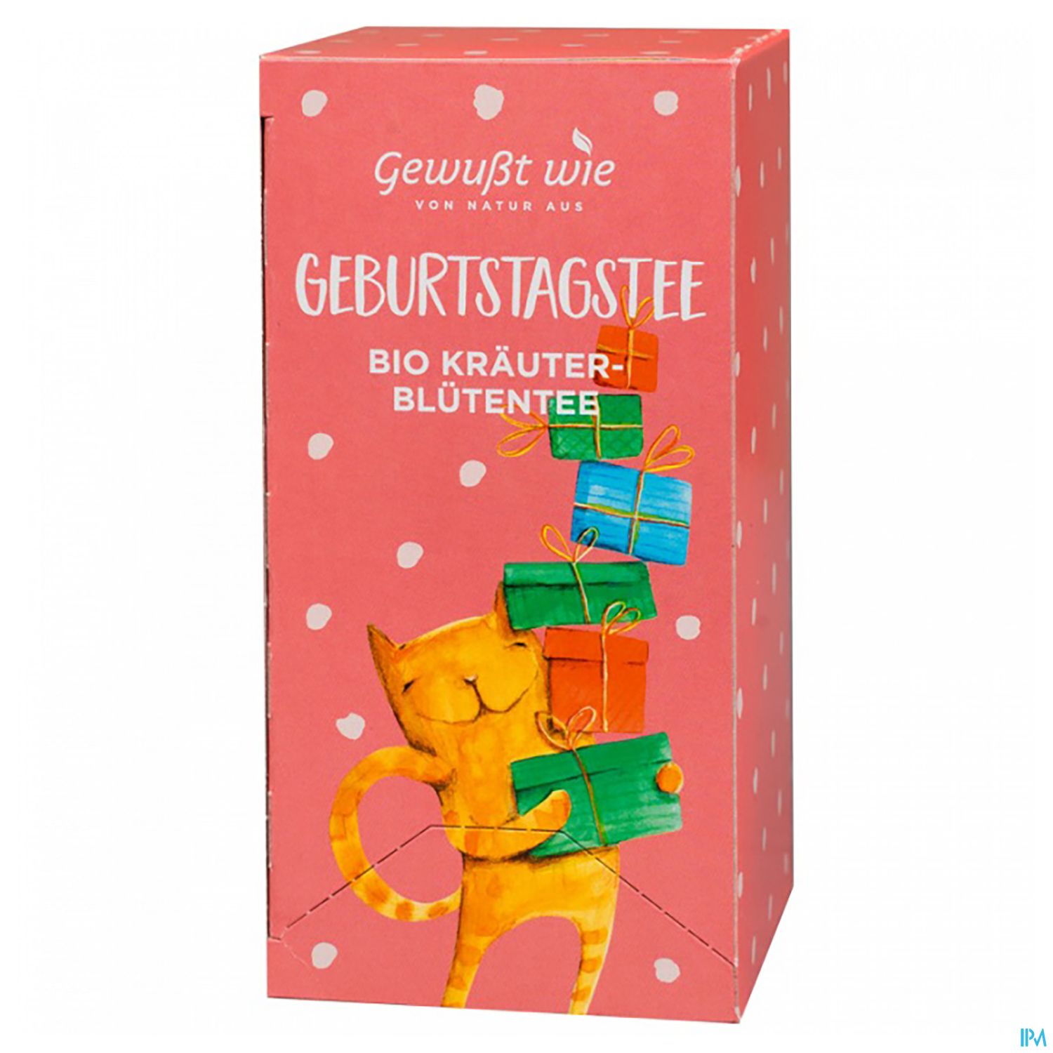 Verpackung des Geburtstagskrauterttees mit einem orangefarbenen Kater, der Geschenke hält, auf rosa Hintergrund mit weißen Punkten.