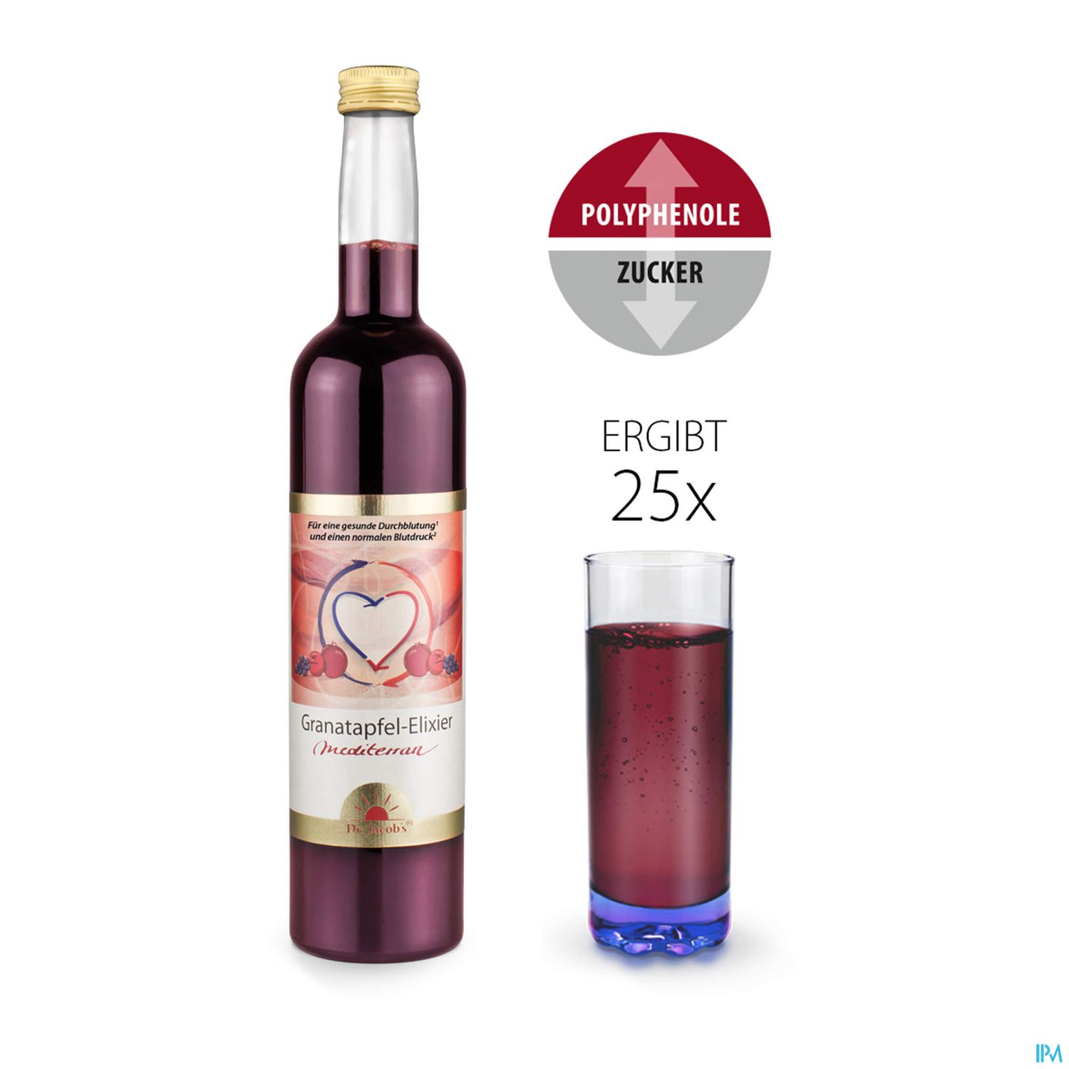 Flasche mit Granatapfel-Elixier und einem Glas des Elixiers, das 25 Portionen ergibt; Hinweis auf Polyphenole und Zucker.