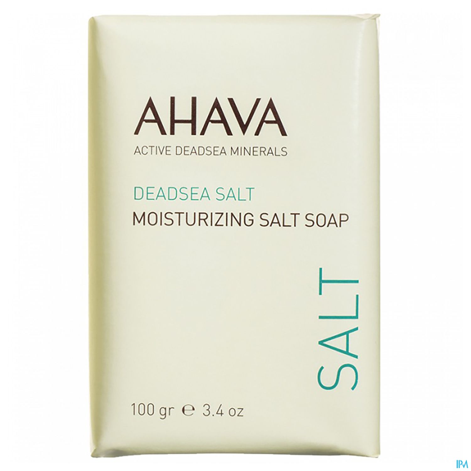 Verpackung von AHAVA feuchtigkeitsspendender Salzseife mit Aufschrift „Dead Sea Salt“ und „Moisturizing Salt Soap“.