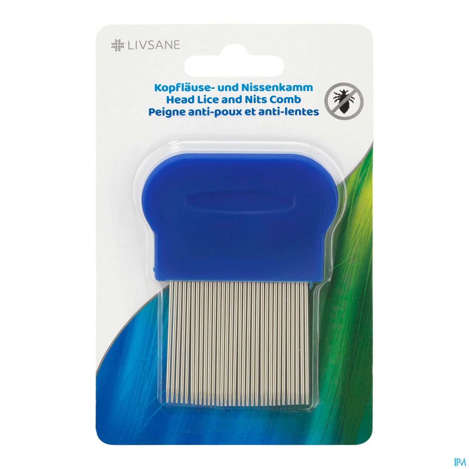 Packung mit einem blauen Kamm zur Bekämpfung von Kopflaus und Nissen.