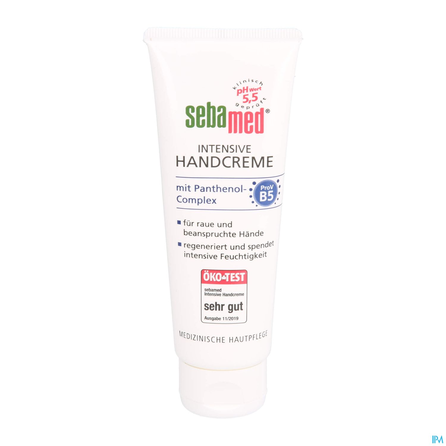 Handcreme von Sebamed in einer Tube mit Aufschrift "Intensive Handcreme", "mit Panthenol-Complex" und Hinweis auf die Eignung für raue Hände.
