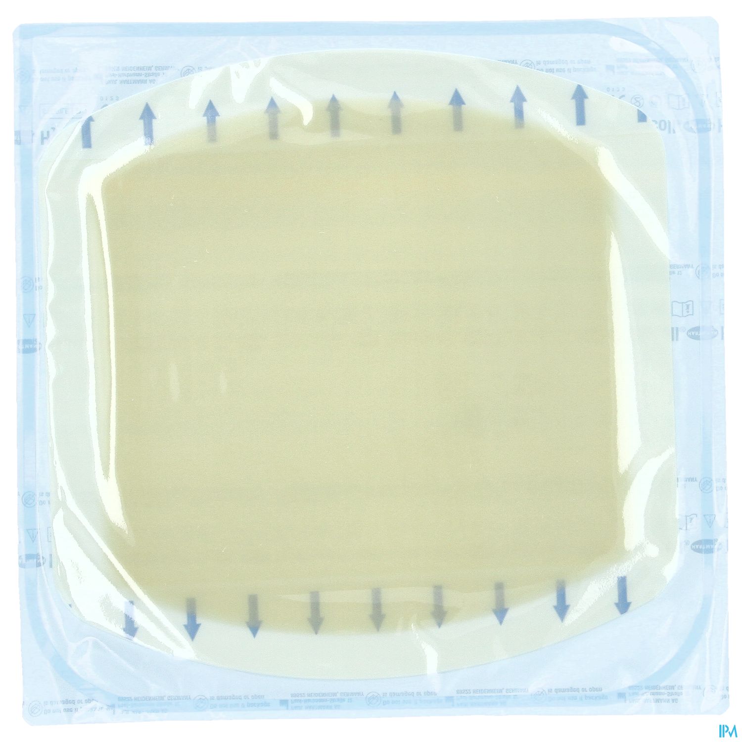 Ein in Verpackung eingeschlossenes medizinisches Pflaster mit quadratischer Form.