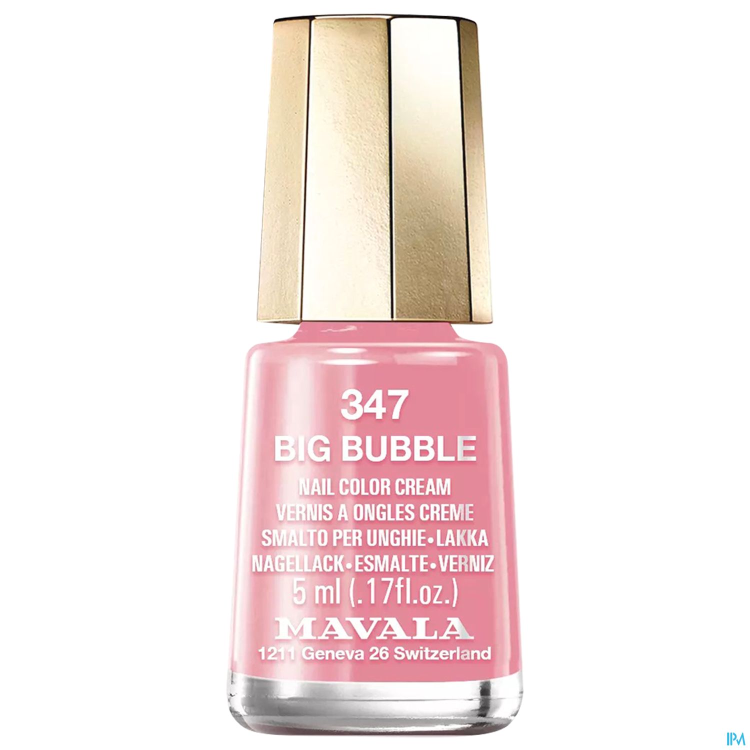 Nagellack-Flasche mit der Bezeichnung "347 BIG BUBBLE" in zartrosa Farbe, hergestellt von Mavala, 5 ml Inhalt.