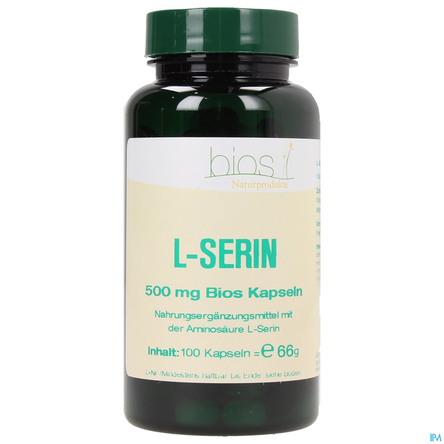 Schwarze Flasche mit 500 mg L-Serin Kapseln, Hinweis auf Nahrungsergänzungsmittel und Inhalt von 100 Kapseln.