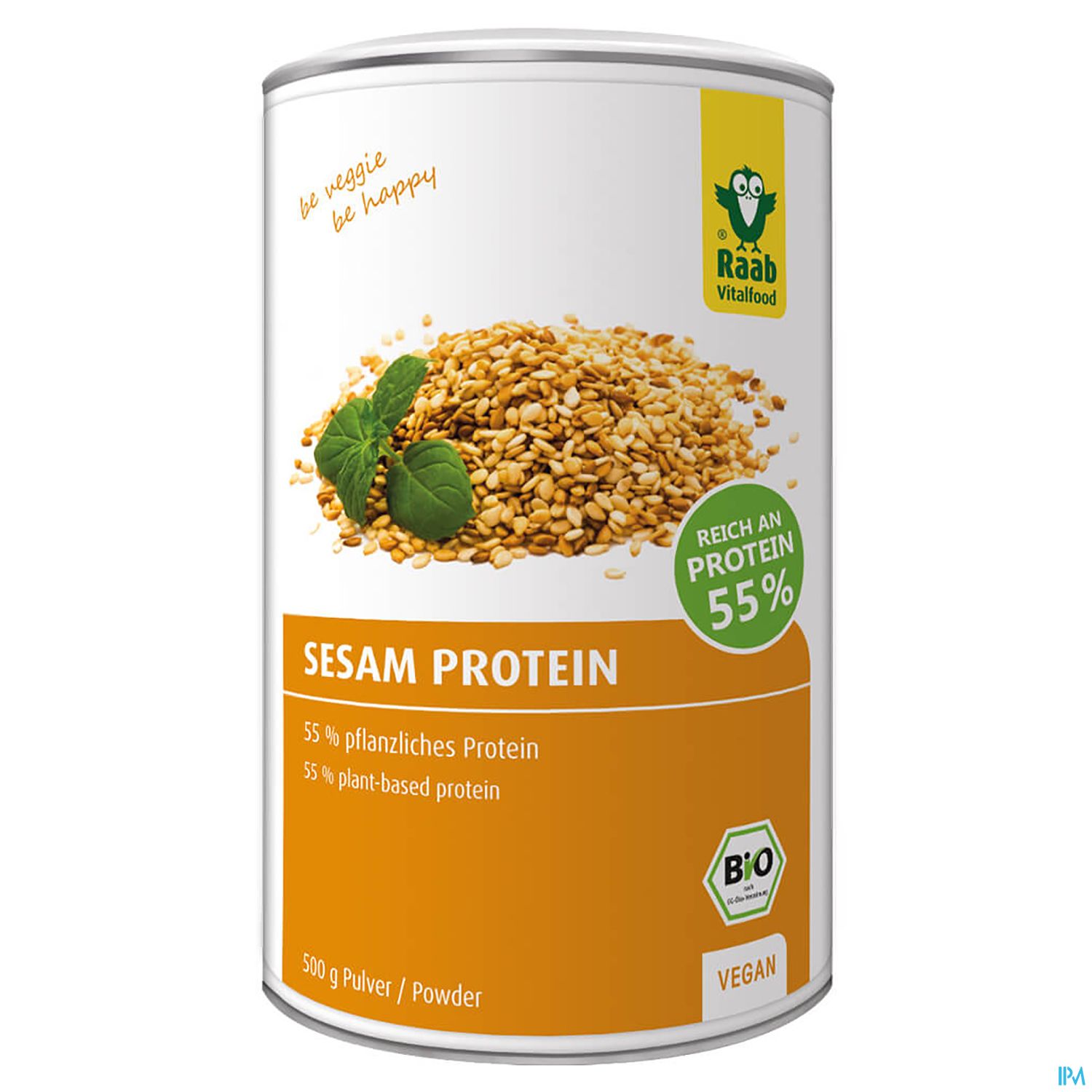 Dose mit Sesamprotein, 500 g, mit Text "Reich an Protein 55%", auf orangem Hintergrund.