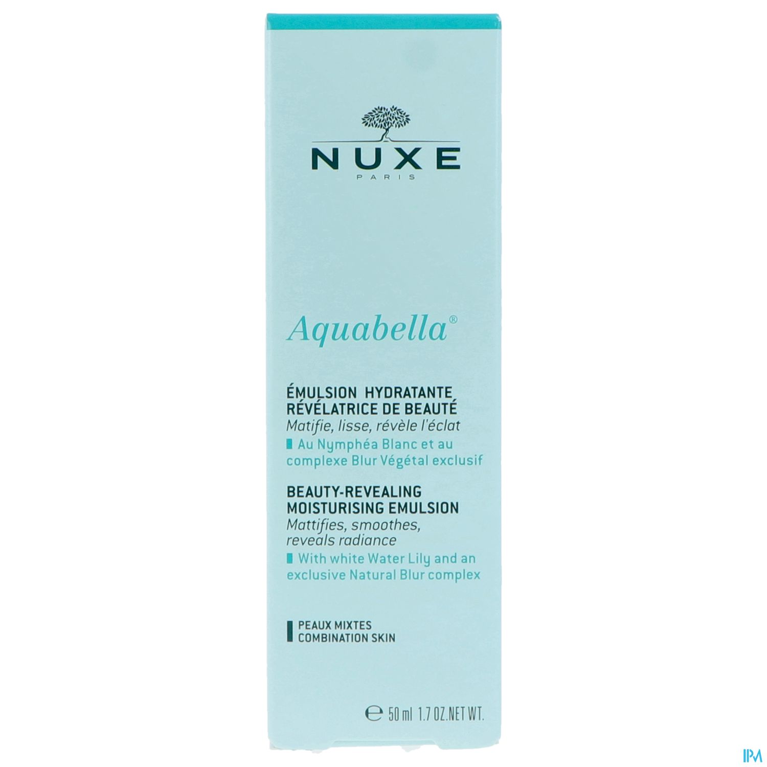 Produktverpackung von NUXE Aquabella, einer feuchtigkeitsspendenden Emulsion für Mischhaut, mit Beschreibung auf Französisch und Englisch.
