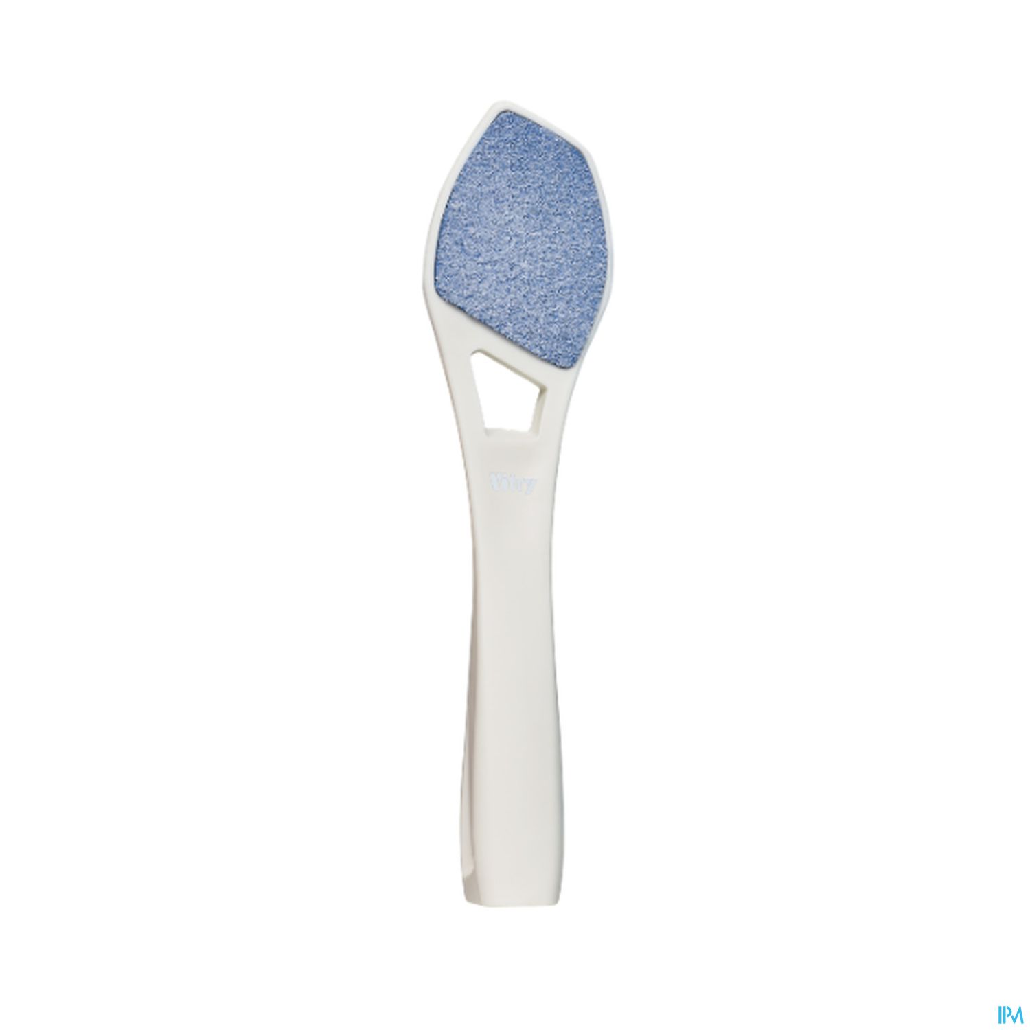 Fußfeile mit blauer Schleiffläche auf weißem Griff.