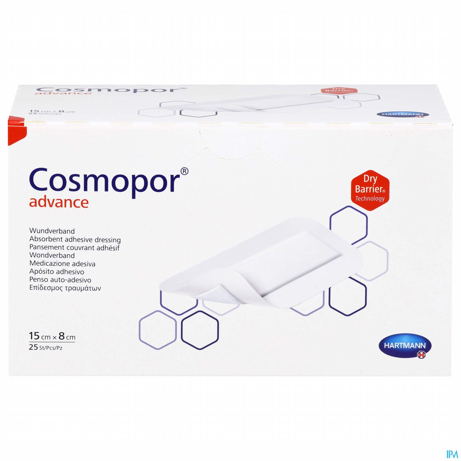 Packung mit Cosmopor® advance, einem selbsthaftenden Wundverband, 15 cm x 8 cm, enthält 25 Stück.