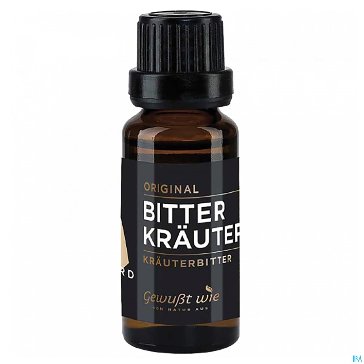 Braunglasflasche mit schwarzem Verschluss, etikettiert als "Original Bitterkräuter Kräuterbitter" von "Gewußt wie".