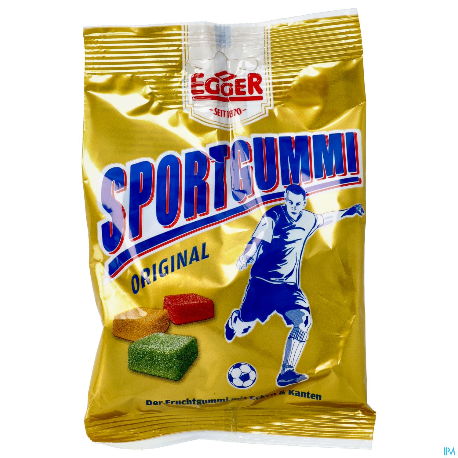 Eine Tüte mit Sportgummis in goldener Verpackung, auf der ein Fußballspieler abgebildet ist.