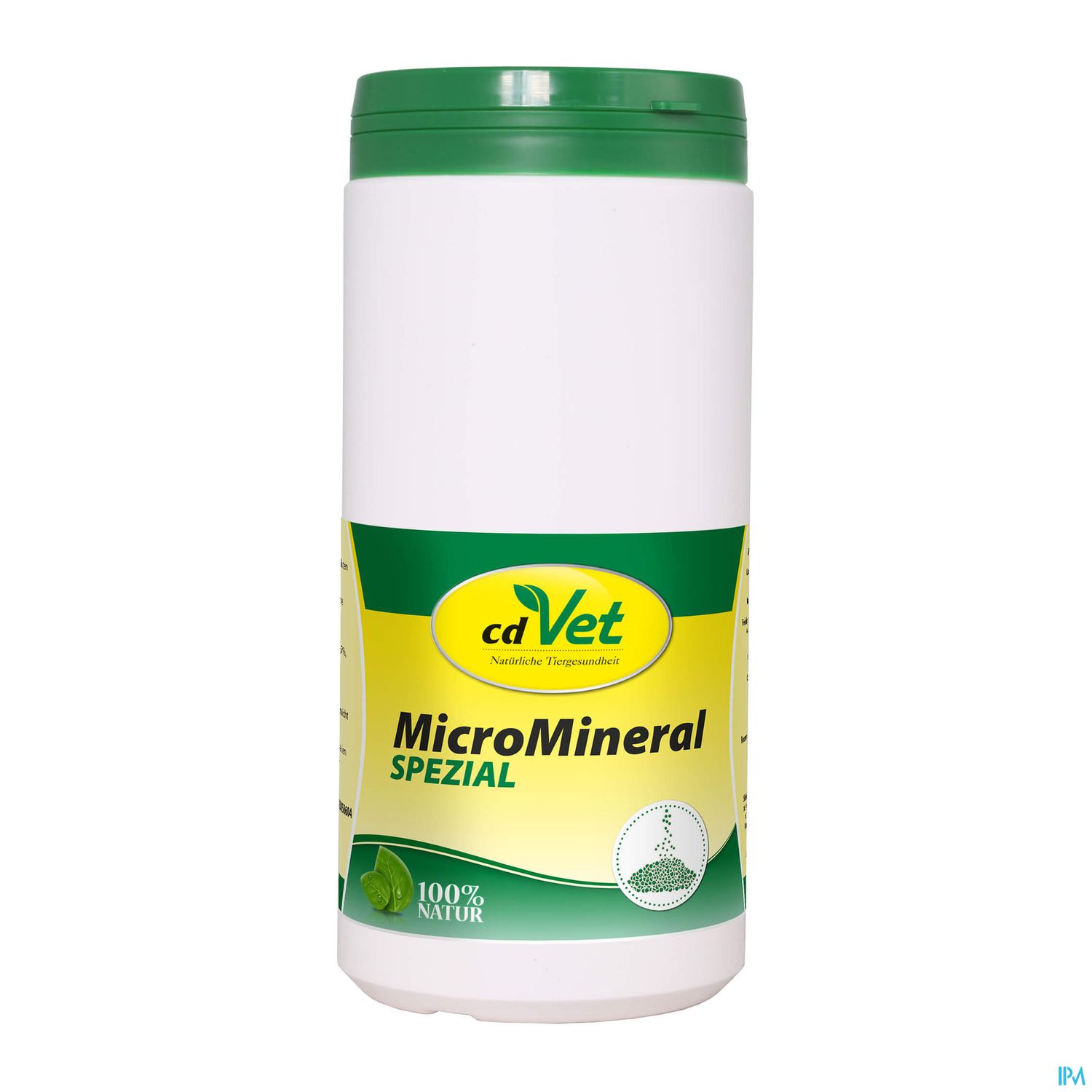 Weißer Behälter mit grünem Deckel, beschriftet mit „cdVet MicroMineral Spezial“ und „100% Natur“.